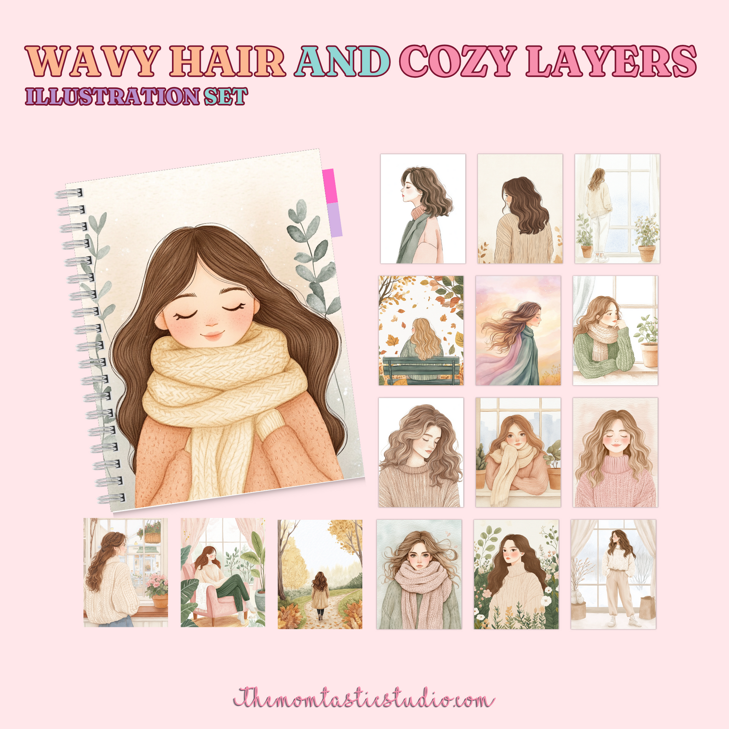 Wavy Hair and Cozy Layers Illustration Set - 300 DPI – Instant Download – Commercial Use