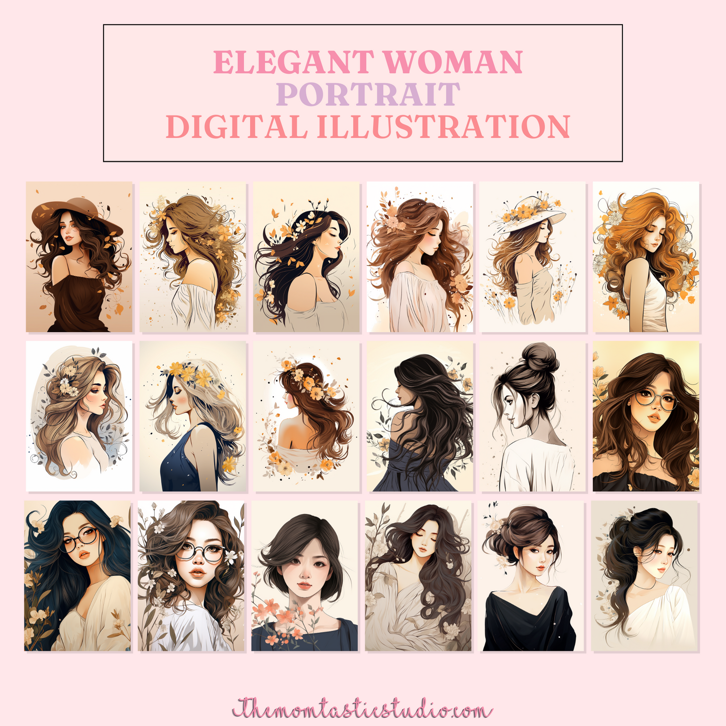 Elegant Woman Portrait Digital Illustration 300DPI – Instant Download – Commercial Use