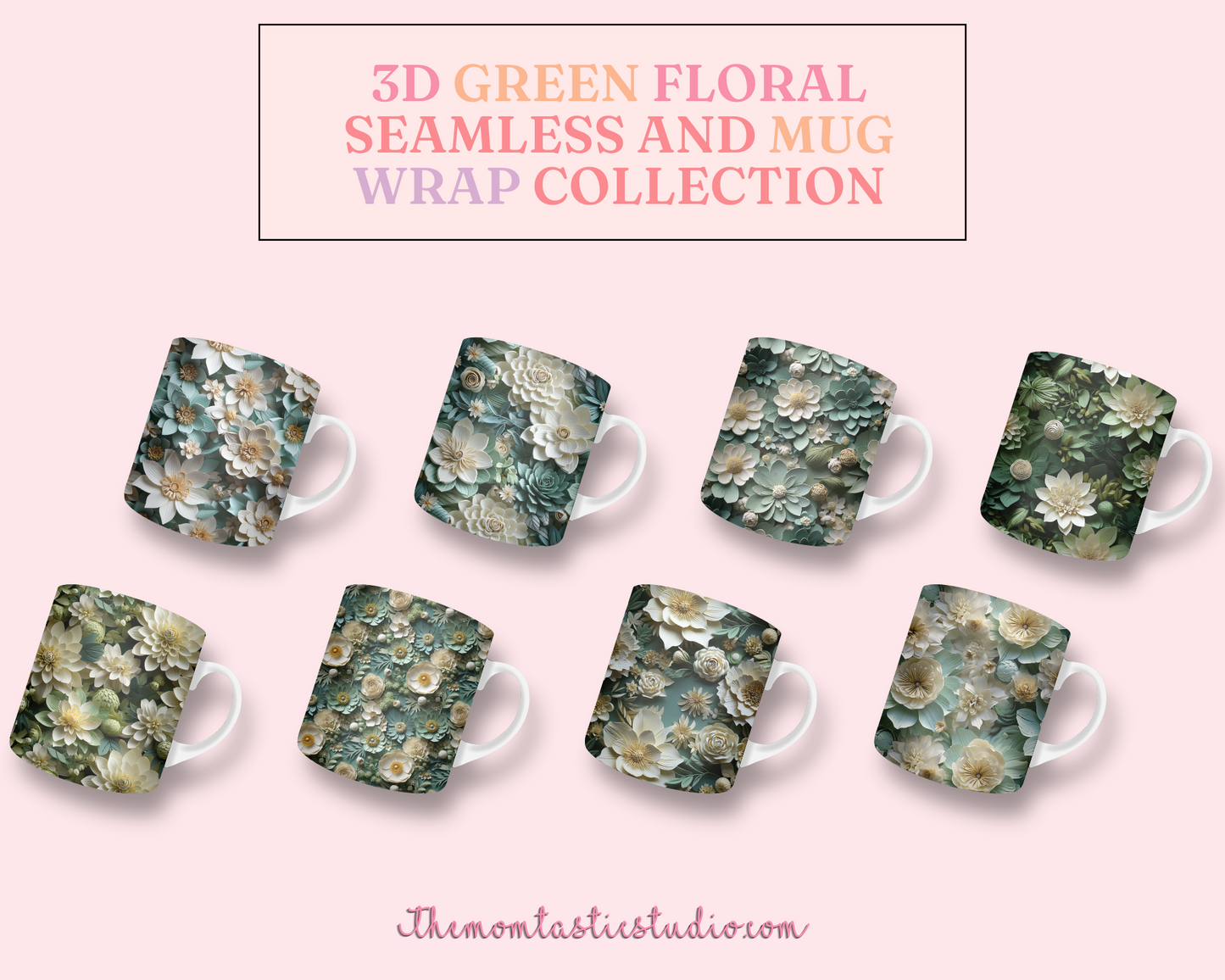 3D Green Floral (Seamless, A4, and Mug Wrap Format) - Commercial Use