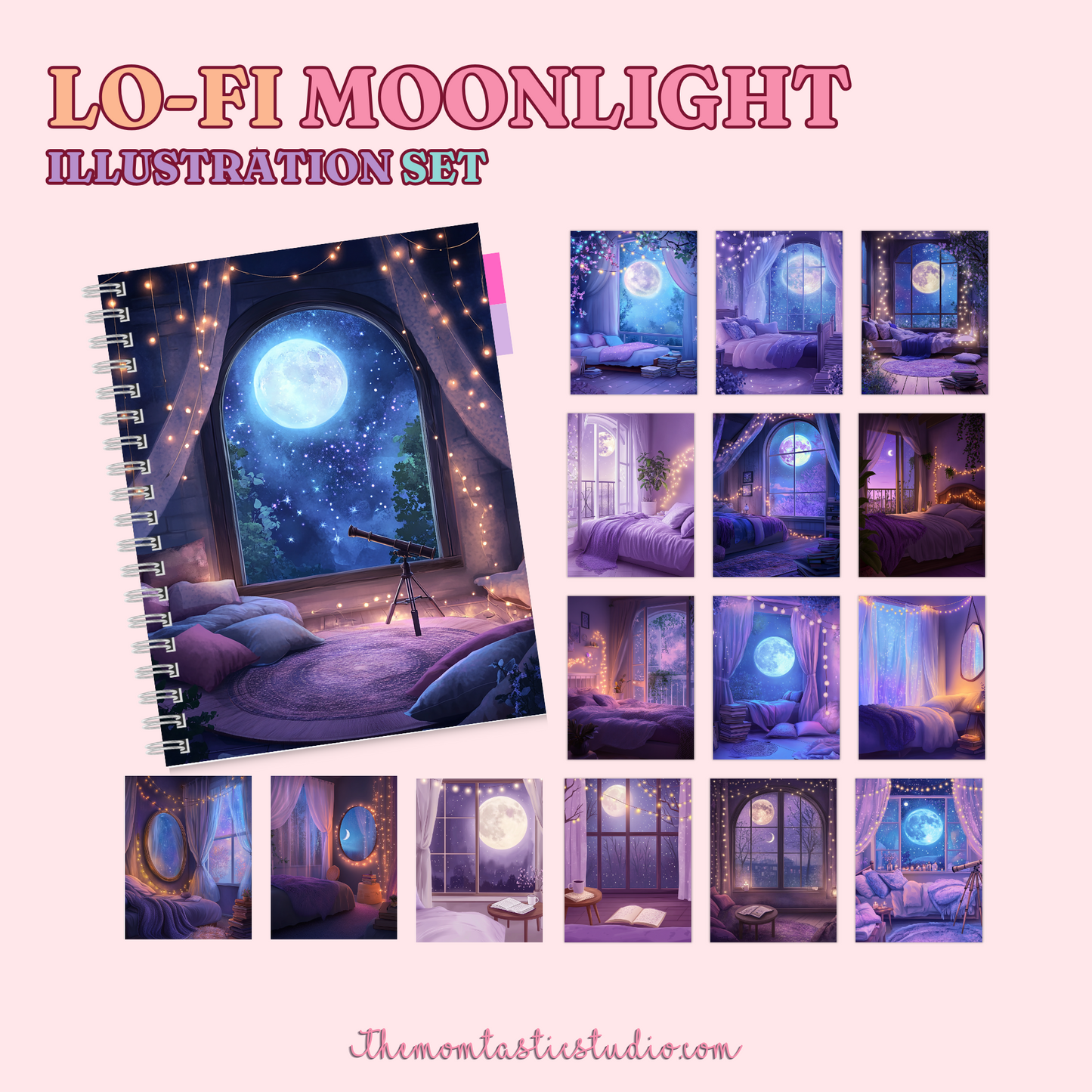 Lo-Fi Moonlight Digital Illustration Set - 300 DPI – Instant Download – Commercial Use