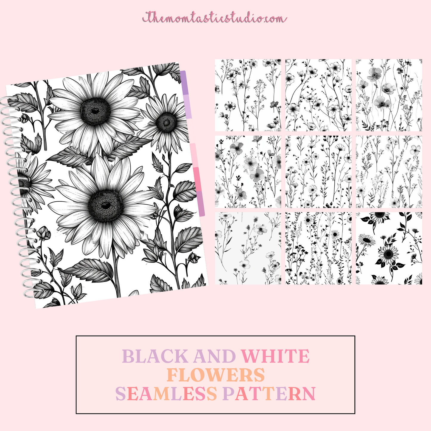 Black and White Flowers Seamless Pattern | Gift Wrappers | Digital Paper | Commercial Use