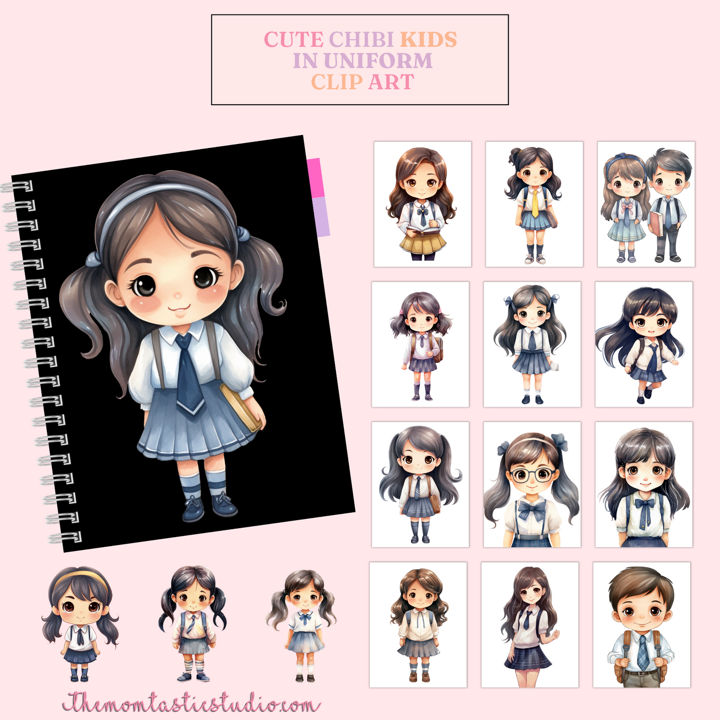 Cute Chibi Kids in School Uniform Cliparts – High-Quality PNG - Transparent Background - Commercial Use