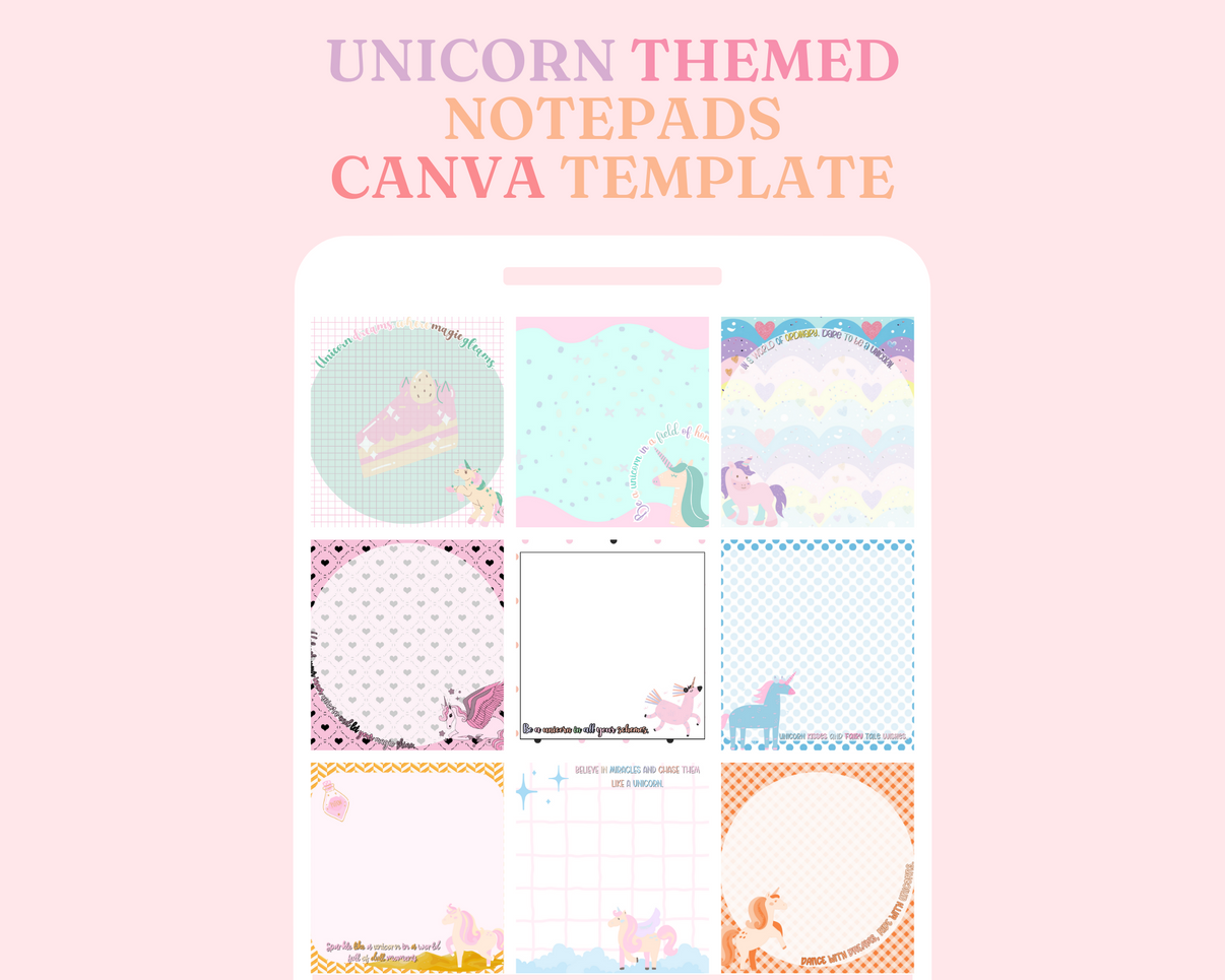 Unicorn Themed Notepads Canva Editable Template (3x5 x 3.5in) Comm