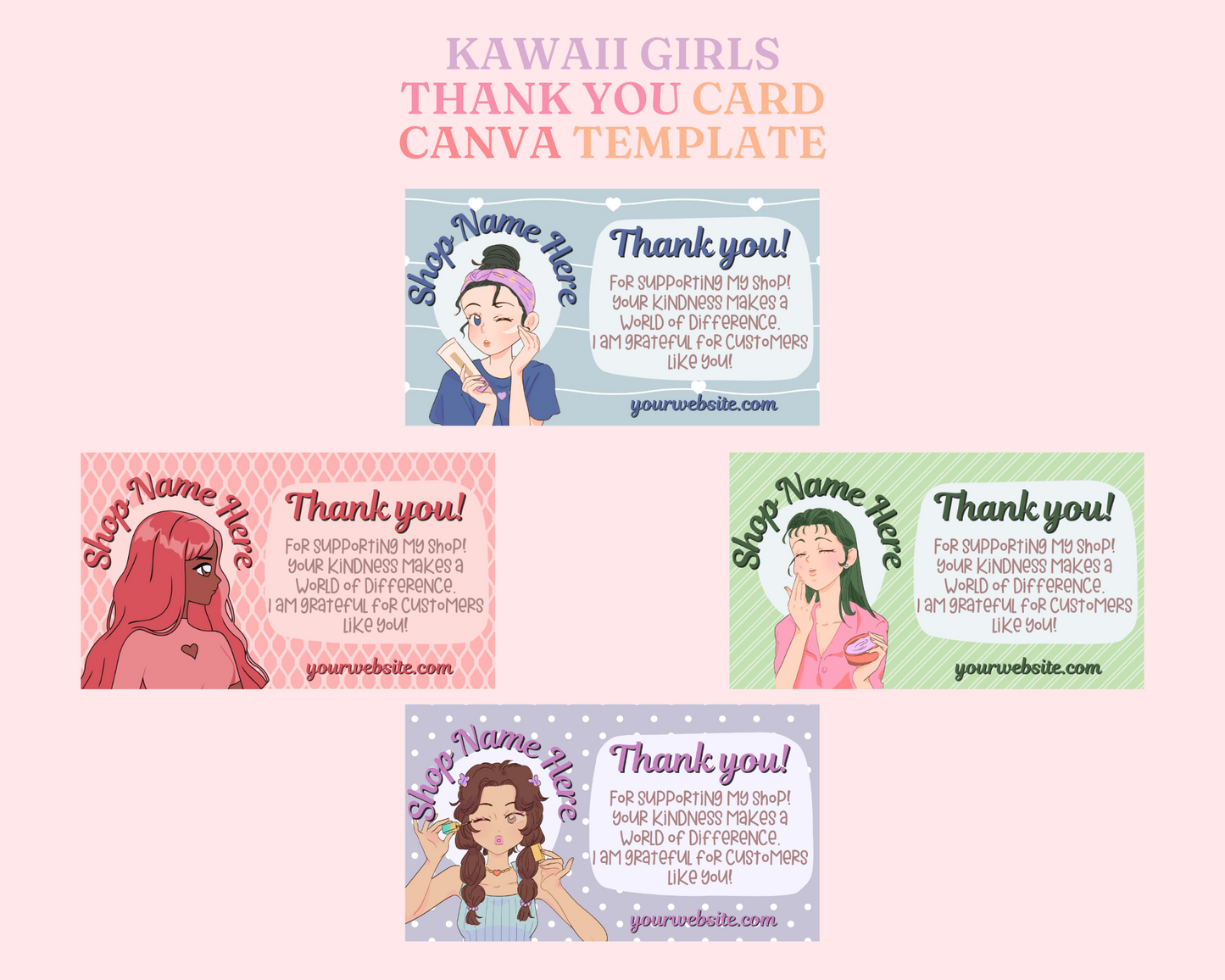 Kawaii Girls Thank You Card Canva Editable Template