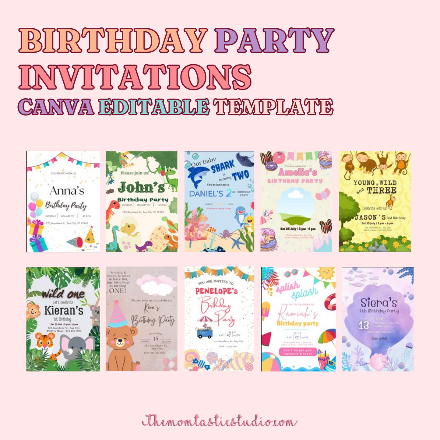 (50) Birthday Invitations Editable Canva Template – Instant Download