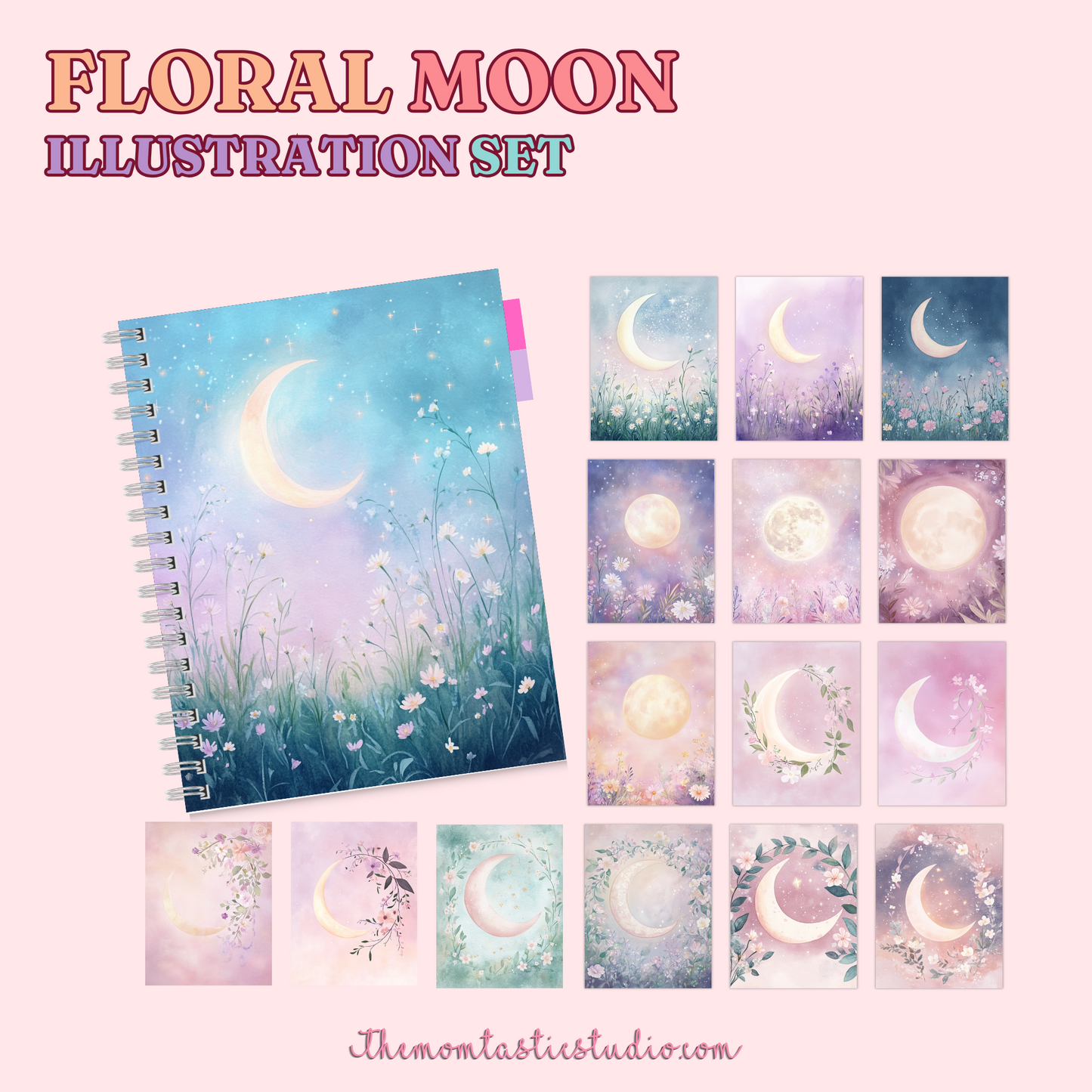 Floral Moon Illustration Set - 300 DPI – Instant Download – Commercial Use