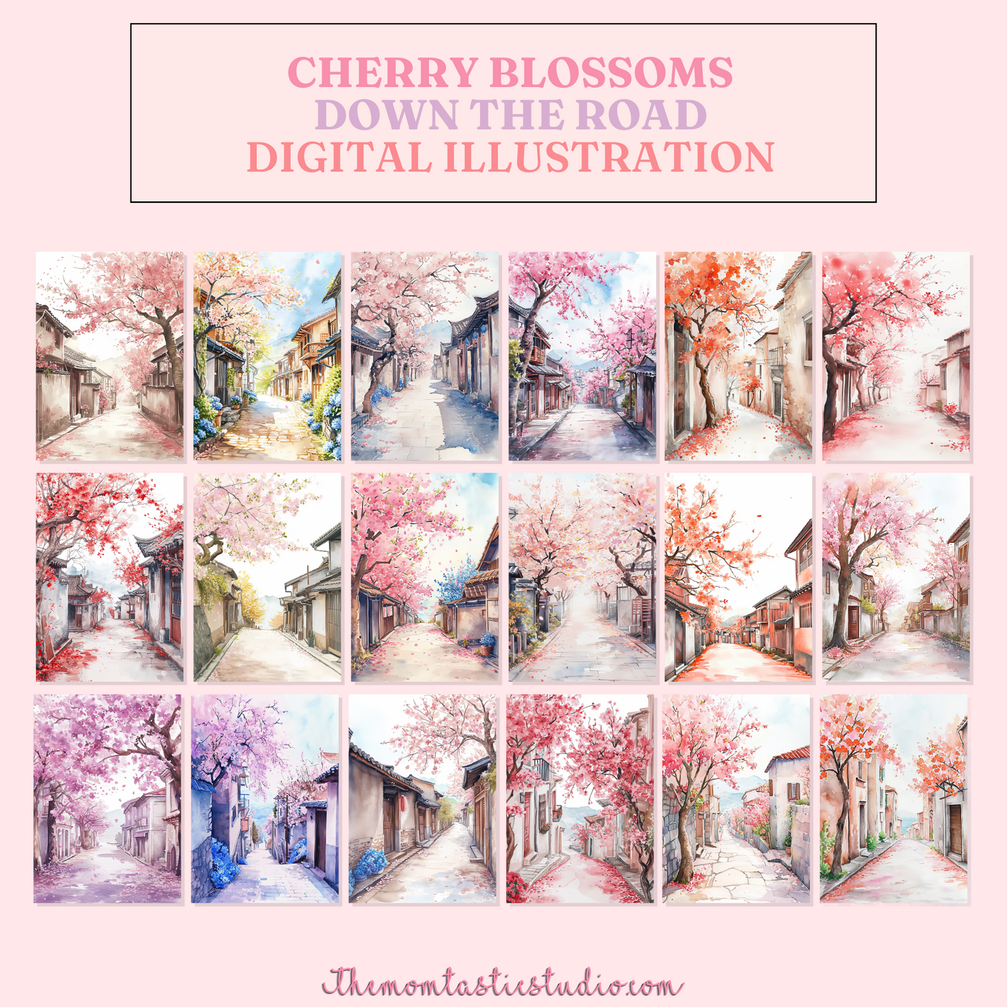 Cherry Blossoms Down the Road - Watercolor Digital Illustration 300DPI – Instant Download – Commercial Use