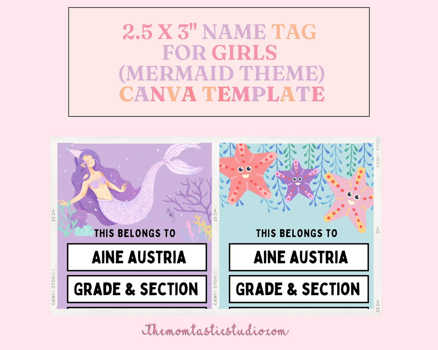 Printable Name Labels for Girls (Mermaid Theme) – Instant Download – Canva Editable - Commercial Use - Back to School Supplies