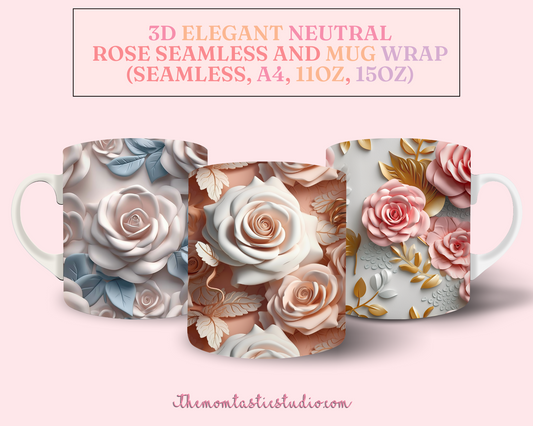 3D Elegant Neutral Rose Floral (Seamless, A4, and Mug Wrap Format) - Commercial Use, Floral Mug