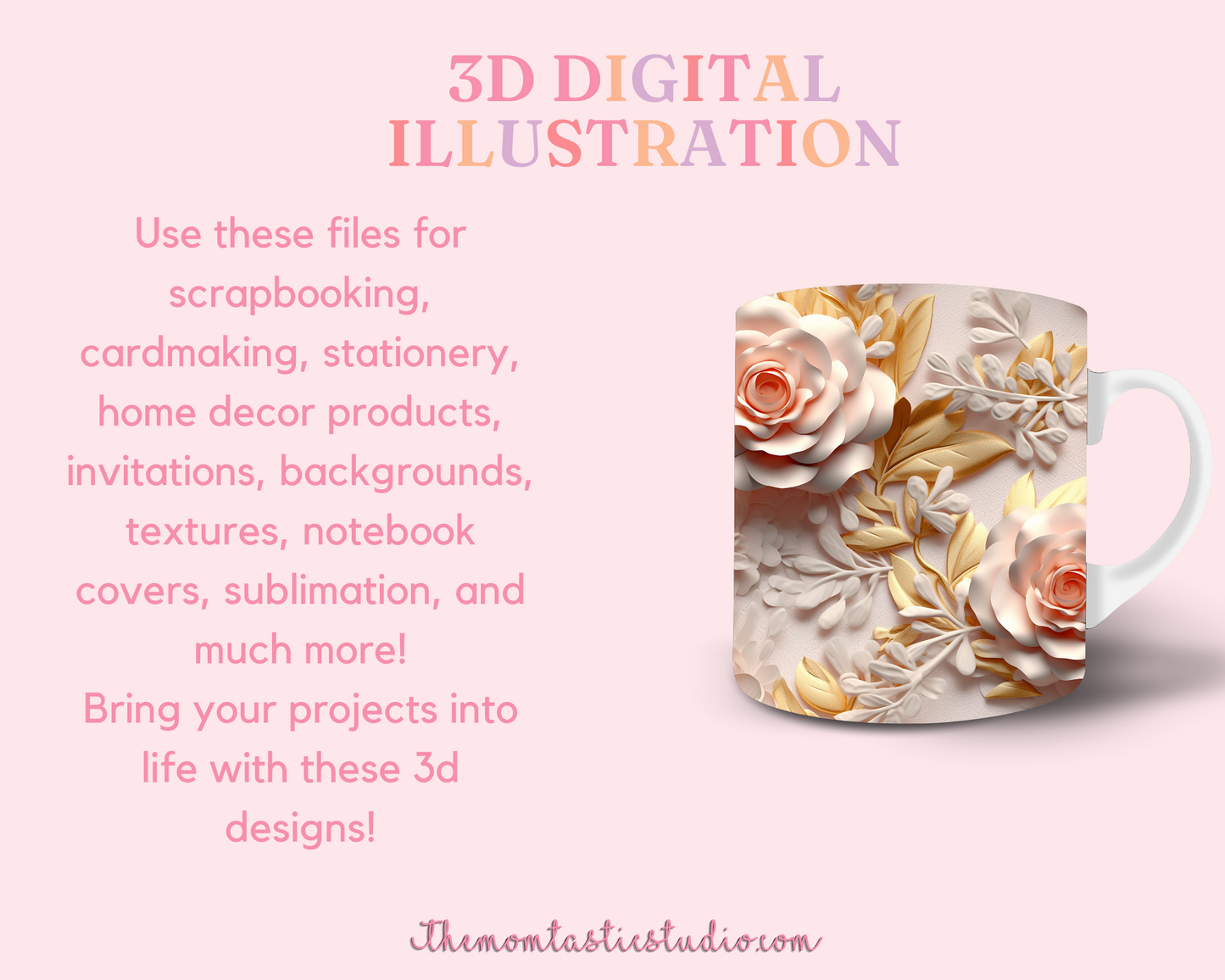 3D Elegant Neutral Rose Floral (Seamless, A4, and Mug Wrap Format) - Commercial Use, Floral Mug