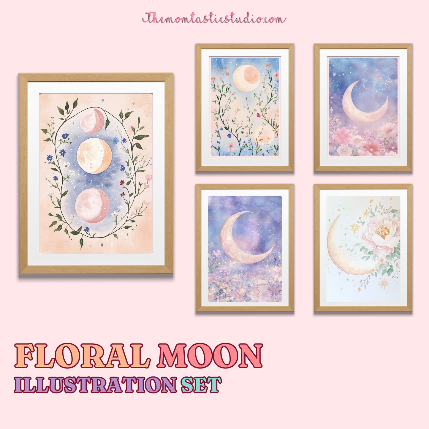 Floral Moon Illustration Set - 300 DPI – Instant Download – Commercial Use