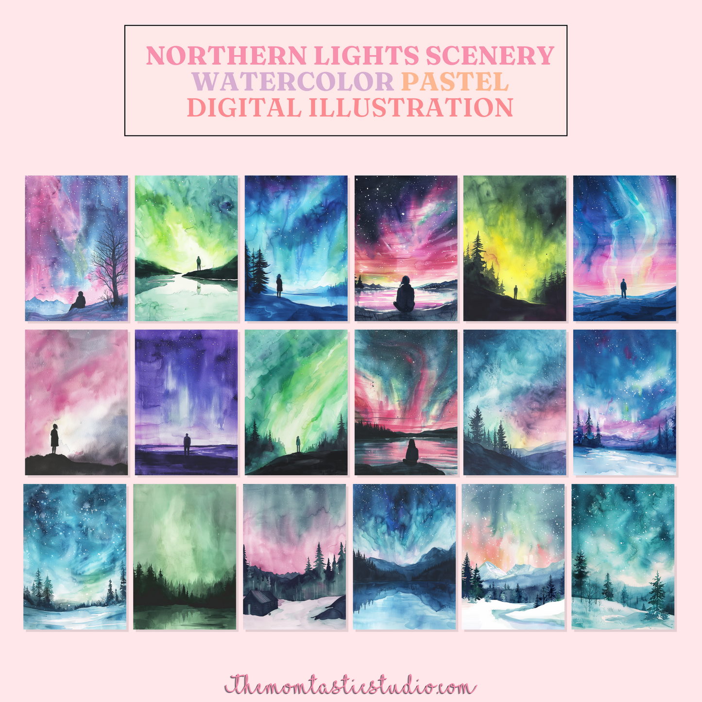 Northern Lights Scenery Watercolor Pastel Digital Illustration 300DPI – Instant Download – Commercial Use