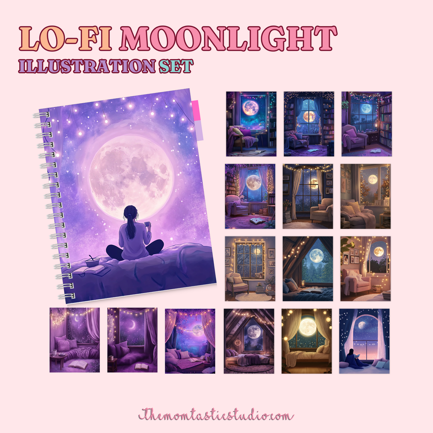 Lo-Fi Moonlight Digital Illustration Set - 300 DPI – Instant Download – Commercial Use