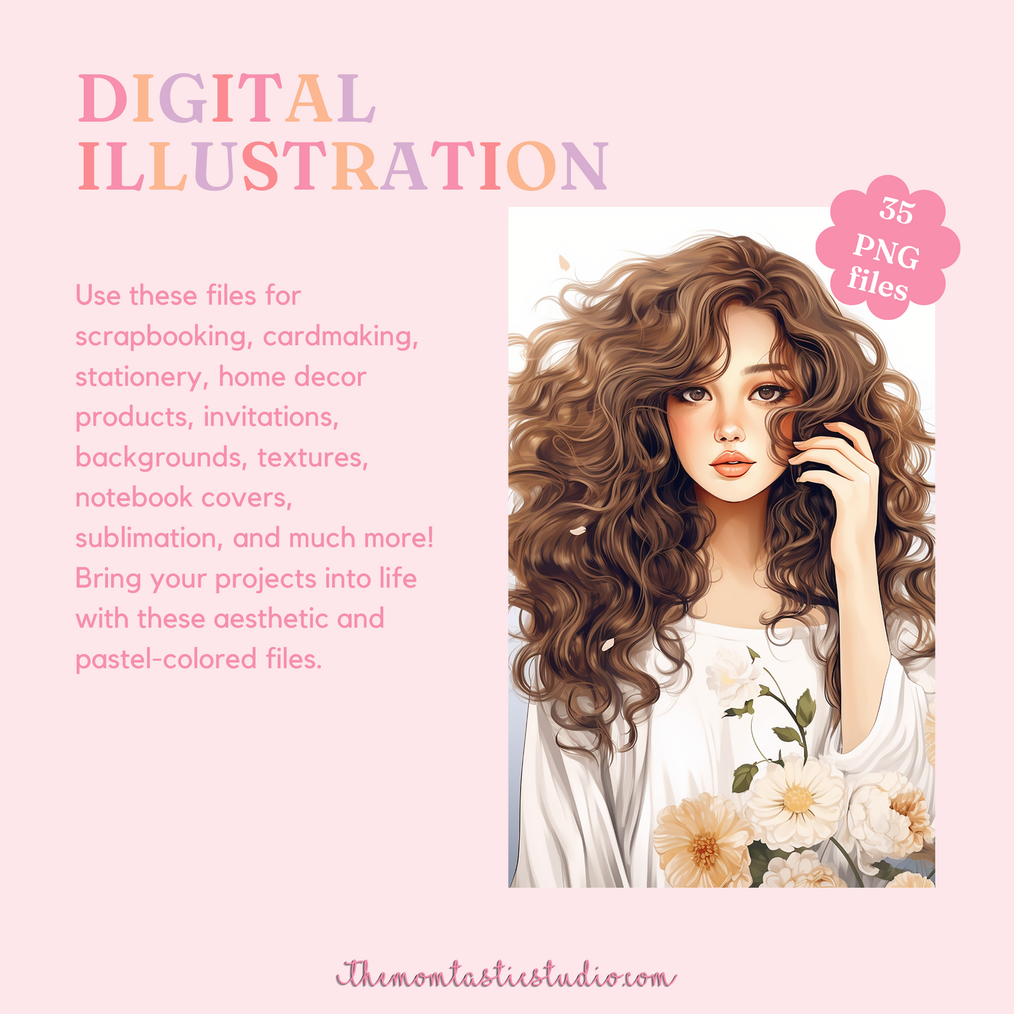 Elegant Woman Portrait Digital Illustration 300DPI – Instant Download – Commercial Use