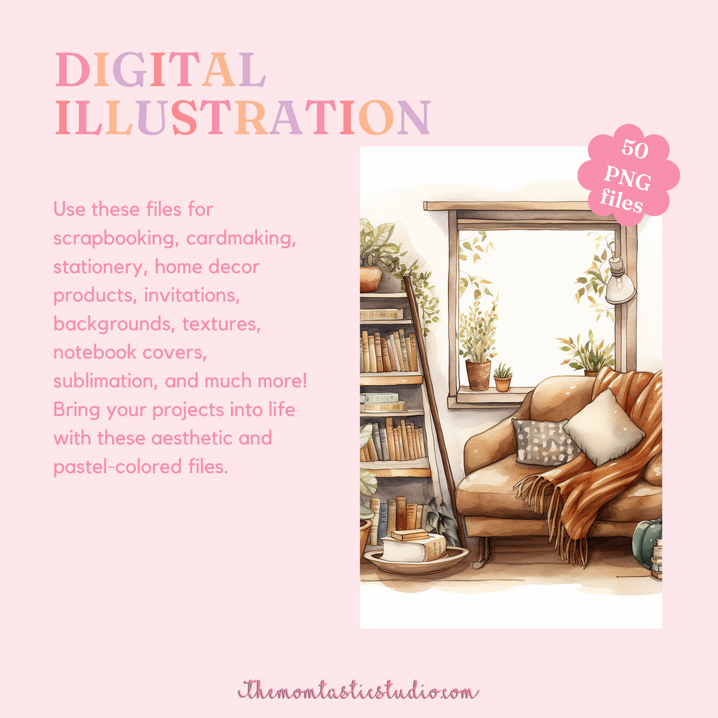 Cozy Reading Nook Watercolor Digital Illustration 300DPI – Instant Download – Commercial Use