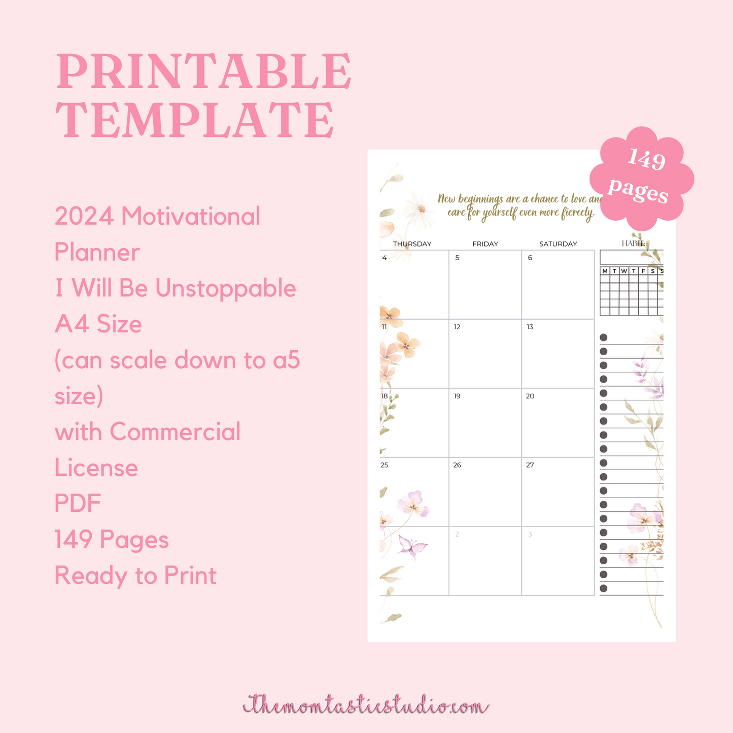 2024 I Will Be Unstoppable Planner - Weekly Spread - Monthly View - PDF File