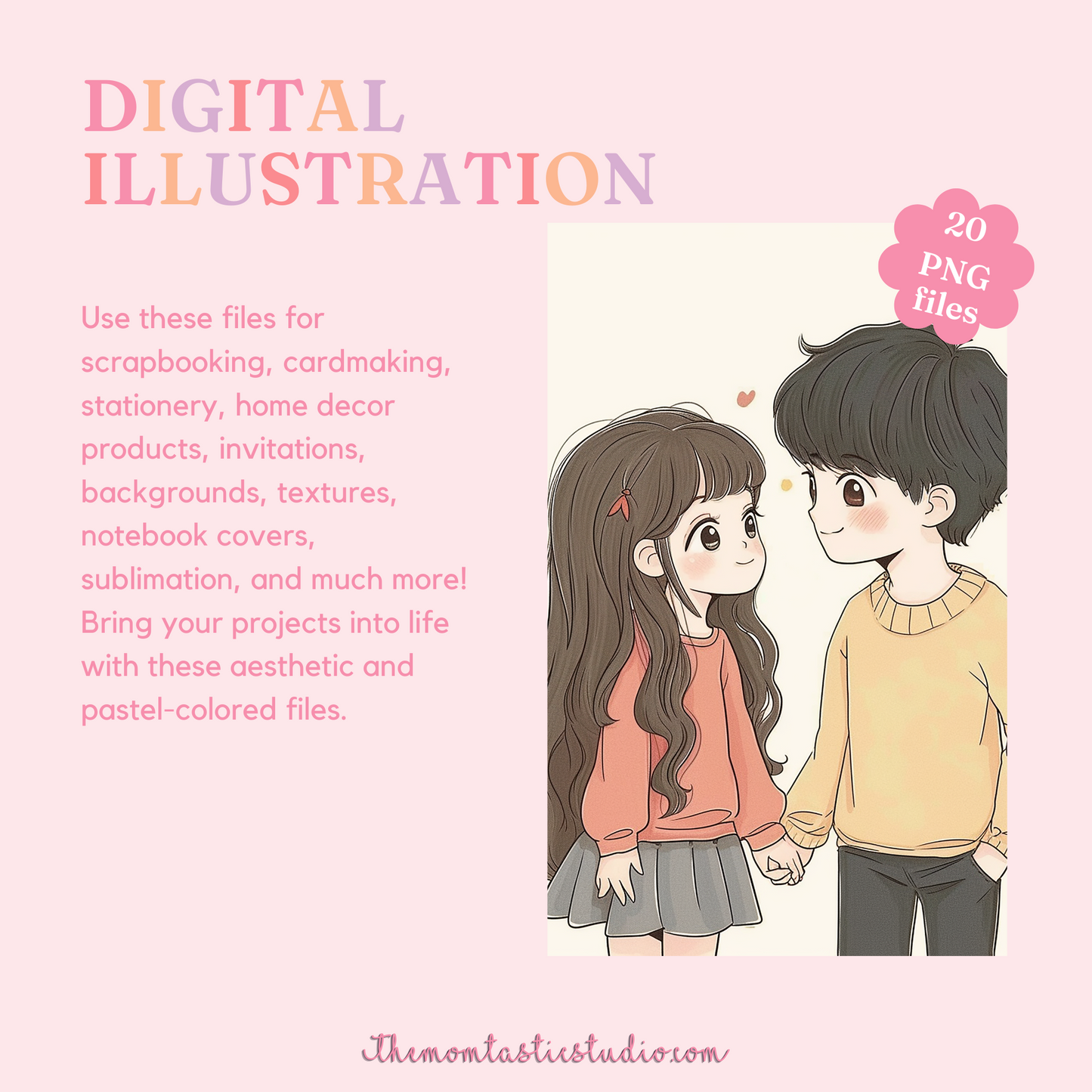 VDay Cute Chibi Couple Digital Illustration 300DPI – Instant Download – Commercial Use