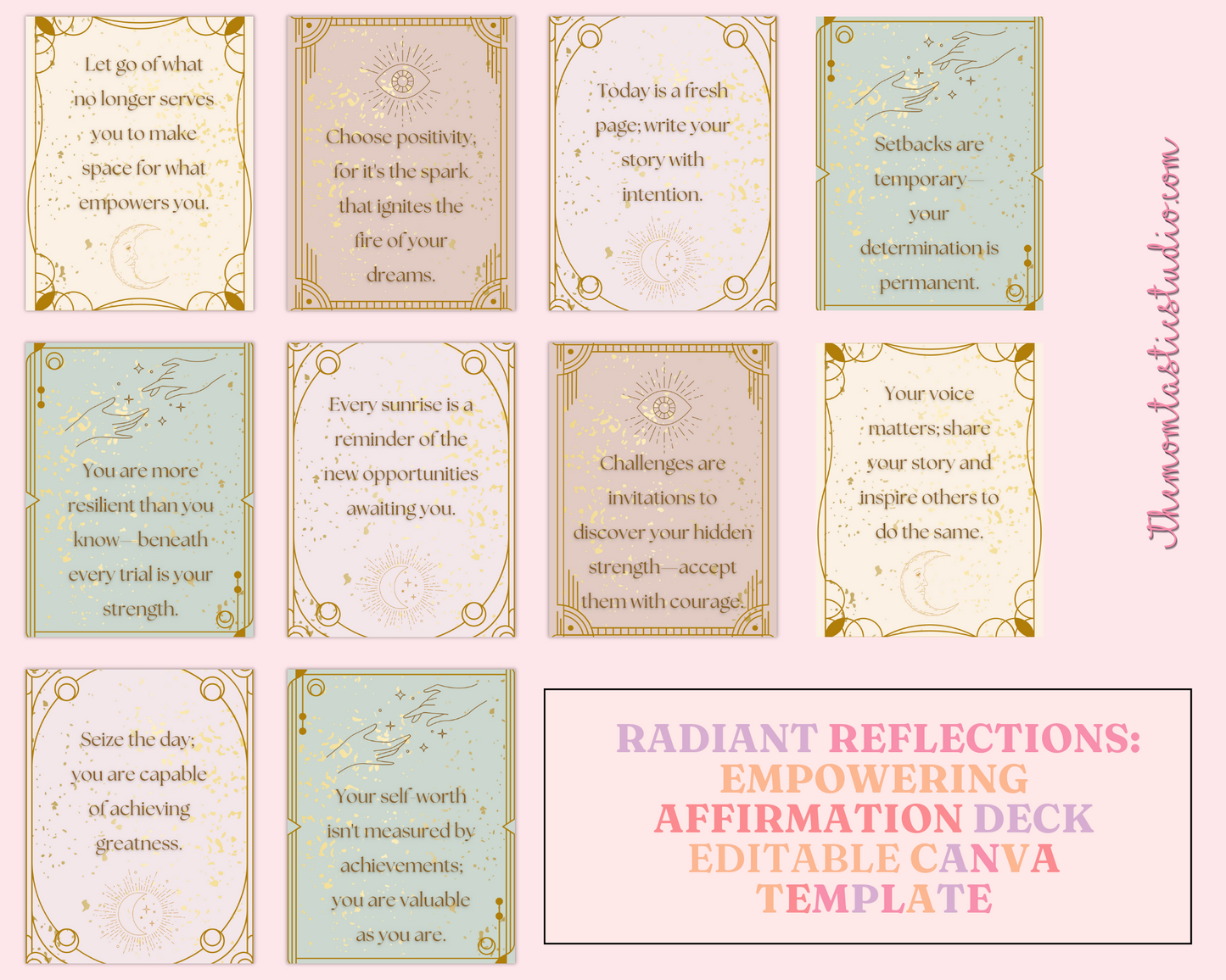 Radiant Reflections: Empowering Affirmation Deck Editable | Canva Template | Commercial Use