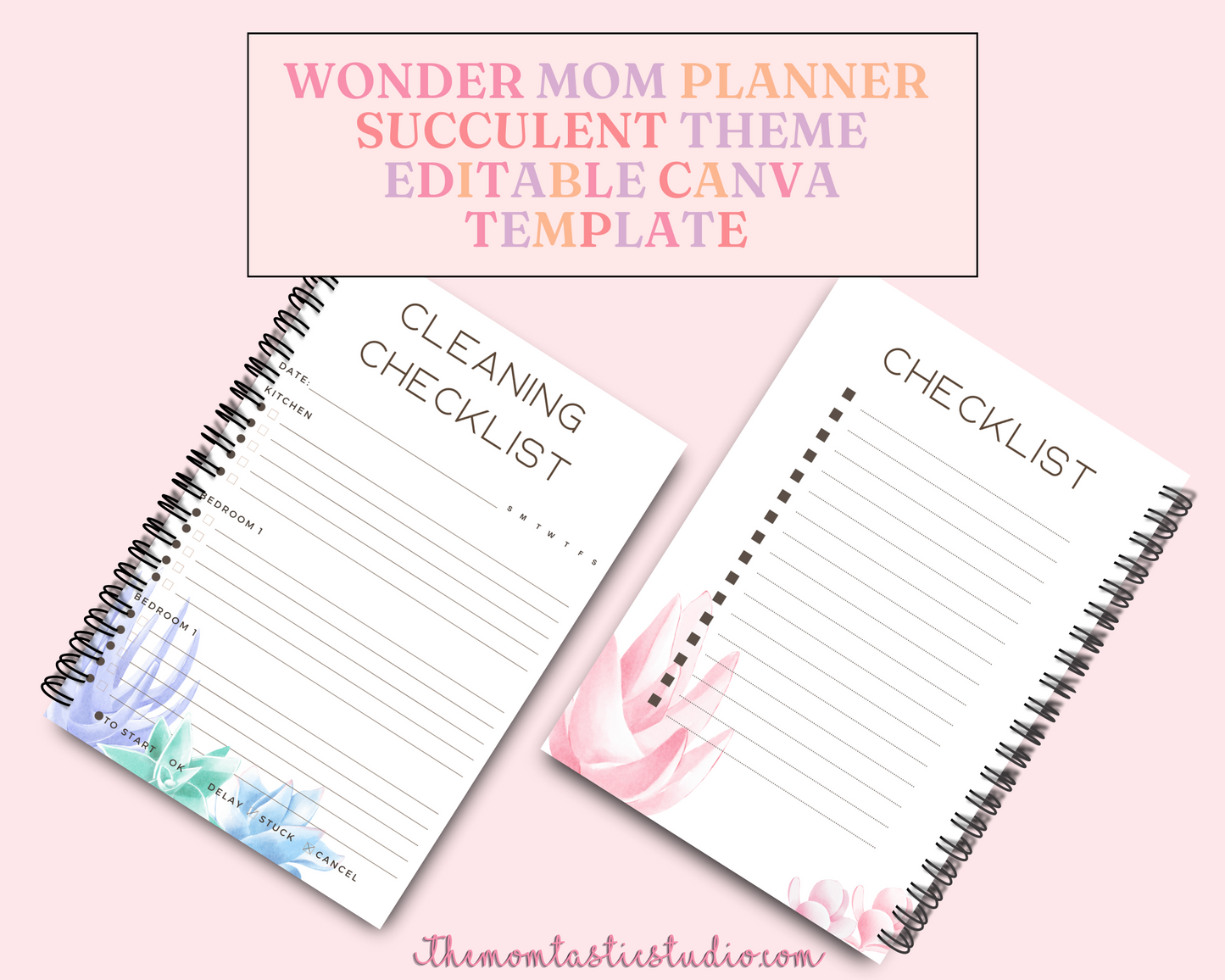 WonderMom Planner - Daily, Weekly, Monthly, Budget, Bills, Checklists, Lists, Notes, Reflections, Meal Plan, Chore Chart, Family Calendar, Shopping List Pages (Succulent Theme) - Canva Editable