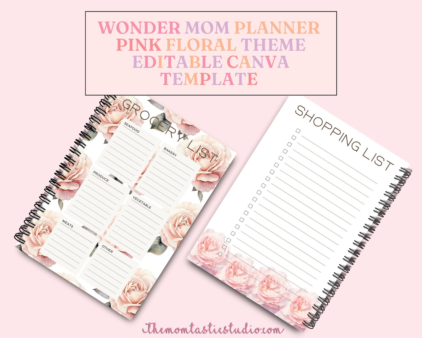 WonderMom Planner - Daily, Weekly, Monthly, Budget, Bills, Checklists, Lists, Notes, Reflections, Meal Plan, Chore Chart, Family Calendar, Shopping List Pages (Pink FloralTheme) - Canva Editable