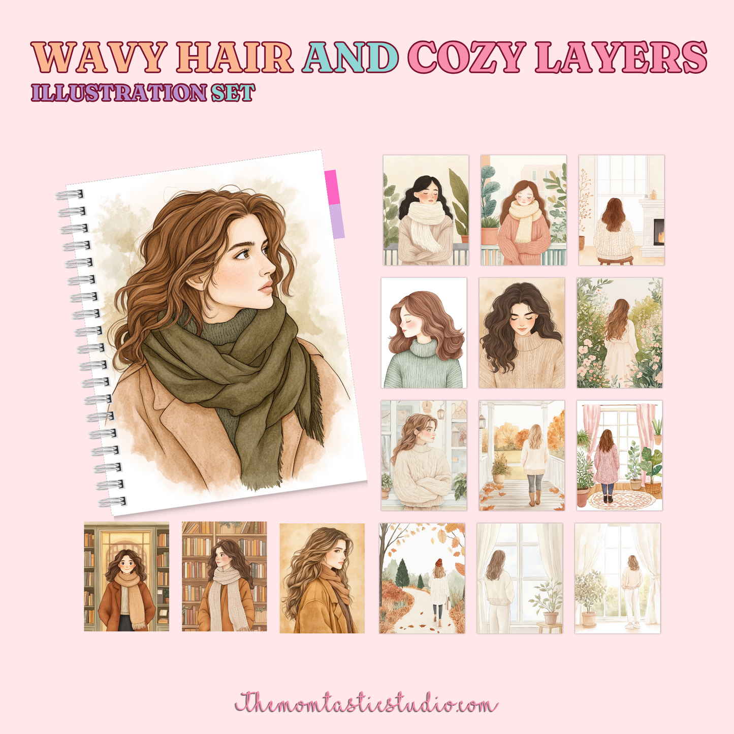 Wavy Hair and Cozy Layers Illustration Set - 300 DPI – Instant Download – Commercial Use