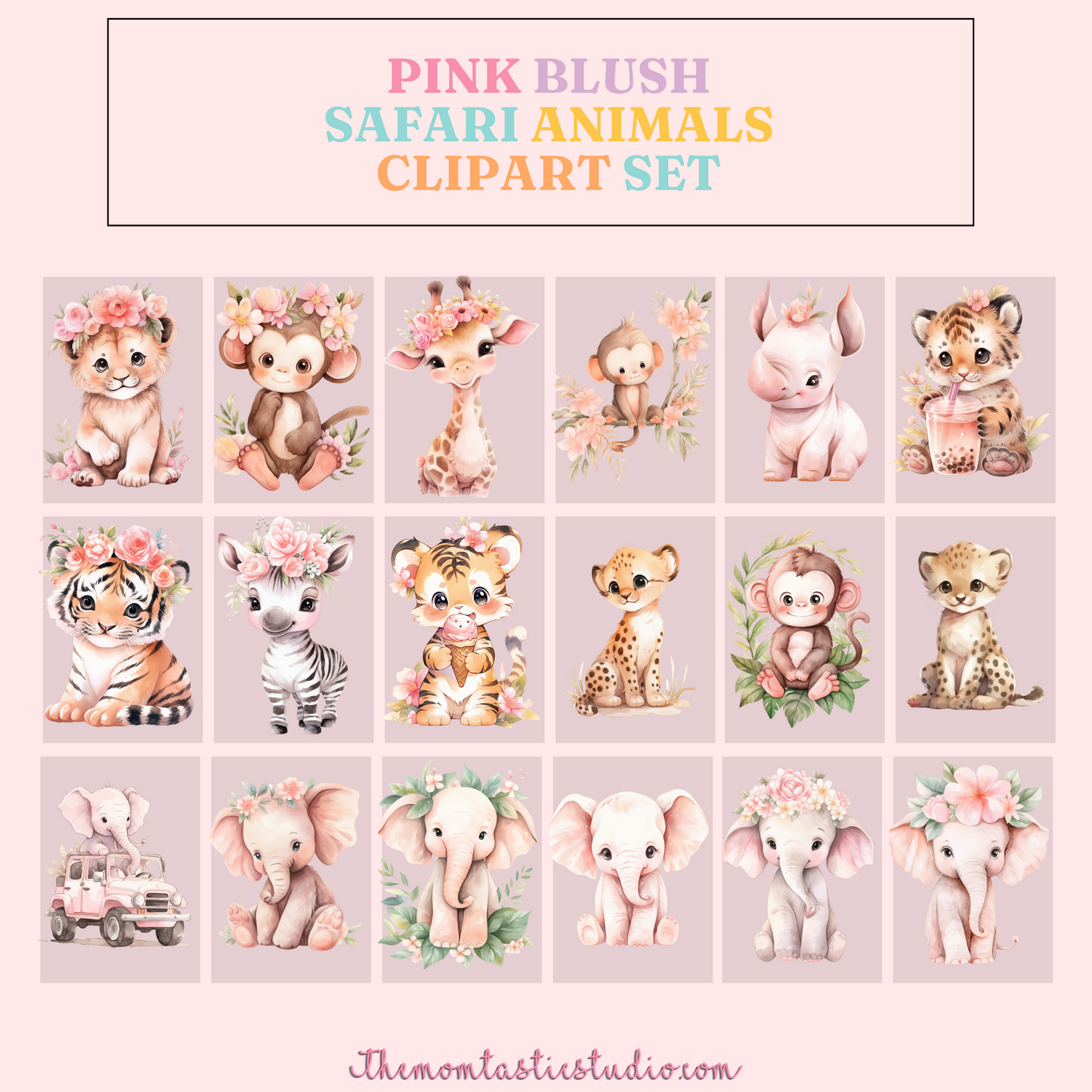 Pink Blush Safari Animals – Clipart Set - High-Quality PNG - Transparent Background - Commercial Use