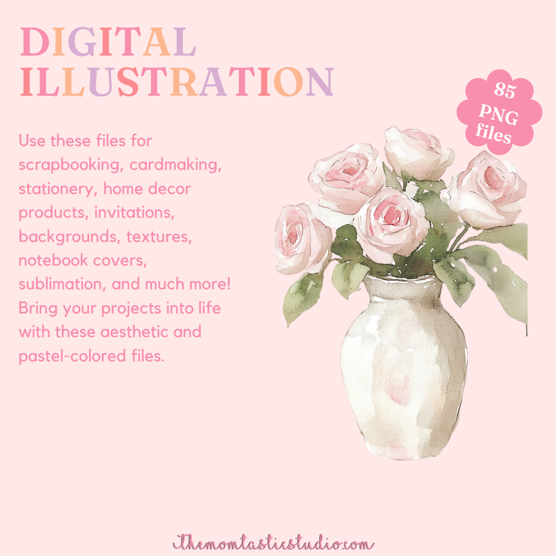 Dainty Pastel Pink Florals & Bows – Clipart Set - Planner Sticker - High-Quality PNG - Transparent Background - Commercial Use