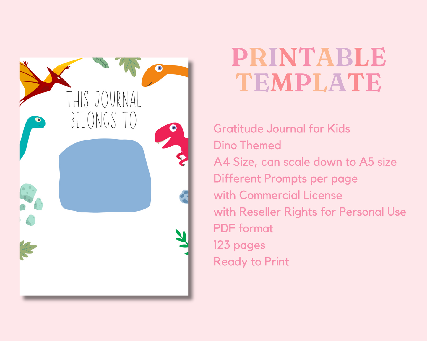 Gratitude Journal for Kids - Dino - Printable Template - A4 - PDF File - Commercial License - Reseller Rights