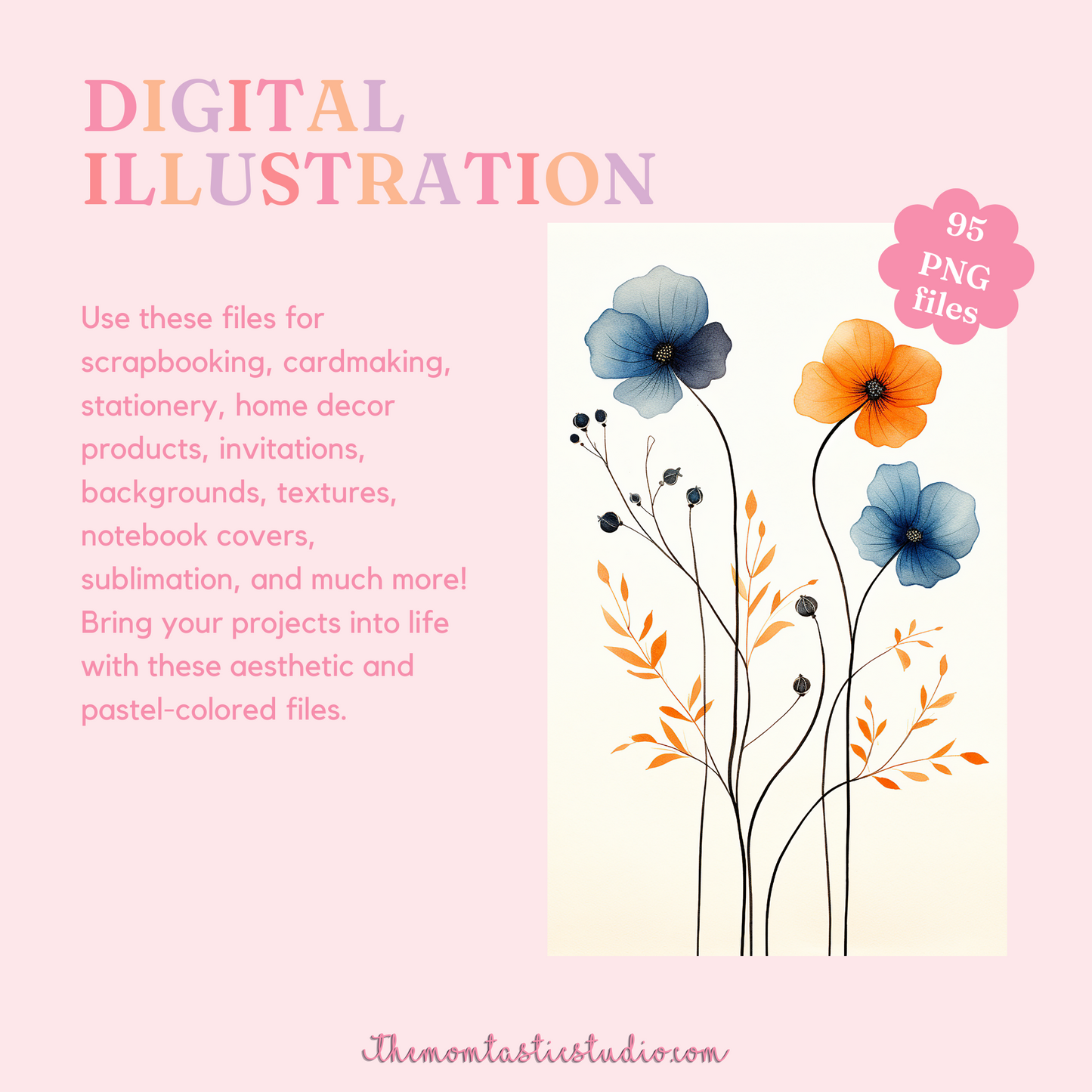 Elegant Colored Line Art Flowers Digital Illustration 300DPI – Instant Download – Commercial Use