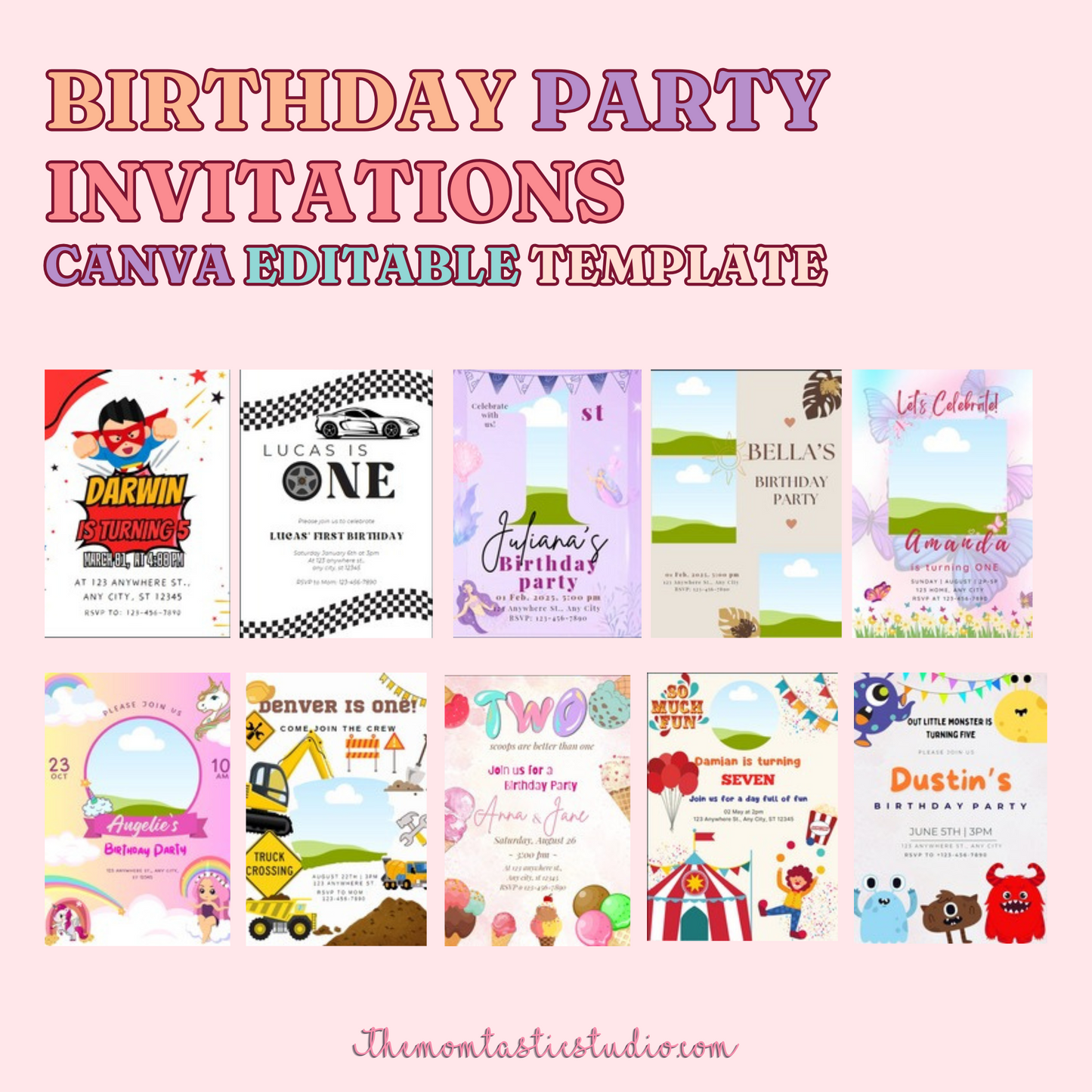 (50) Birthday Invitations Editable Canva Template – Instant Download