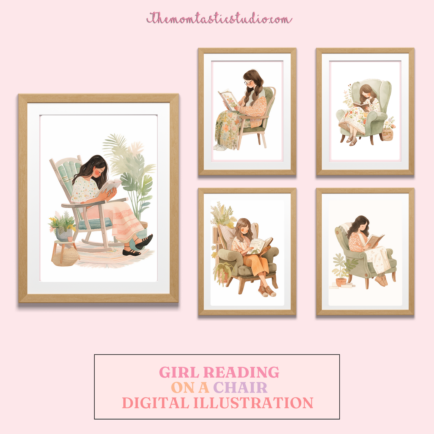 Girl Reading on a Chair Digital Illustration 300DPI – Instant Download – Commercial Use