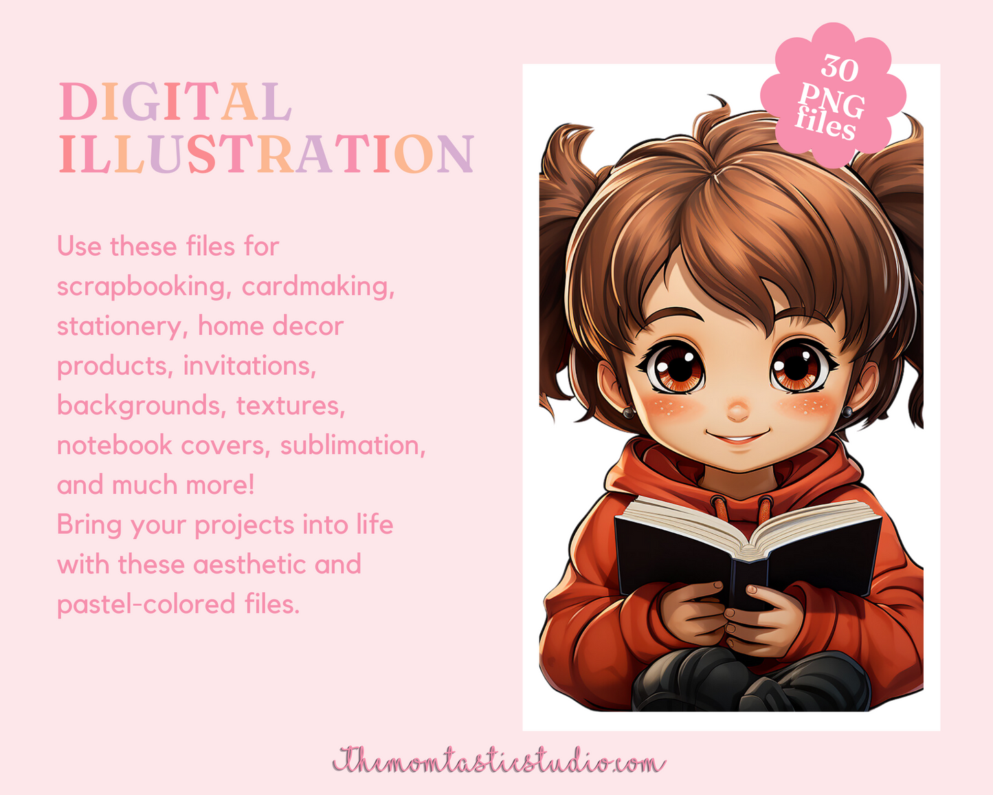 Cute Bookish Chibi Girls and Boys Sticker Clipart – Instant Download – High-Quality PNG - Transparent Background - Commercial Use