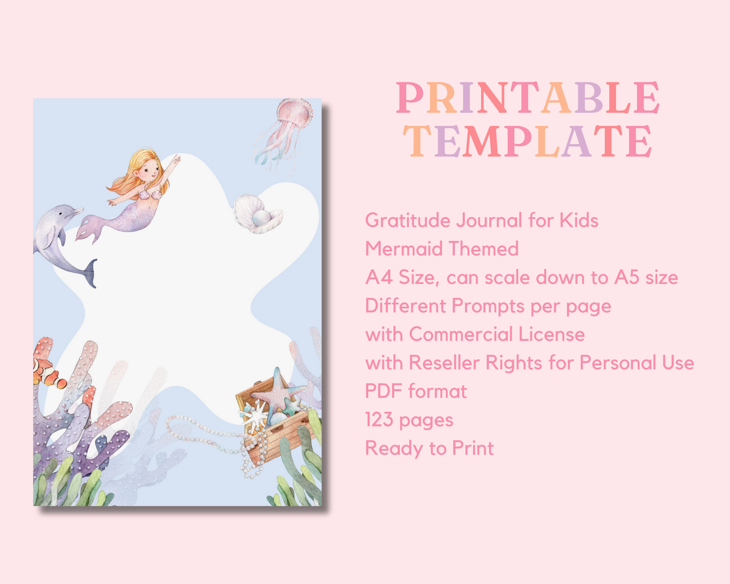 Gratitude Journal for Kids - Mermaid - Printable Template - A4 - PDF File - Commercial License - Reseller Rights