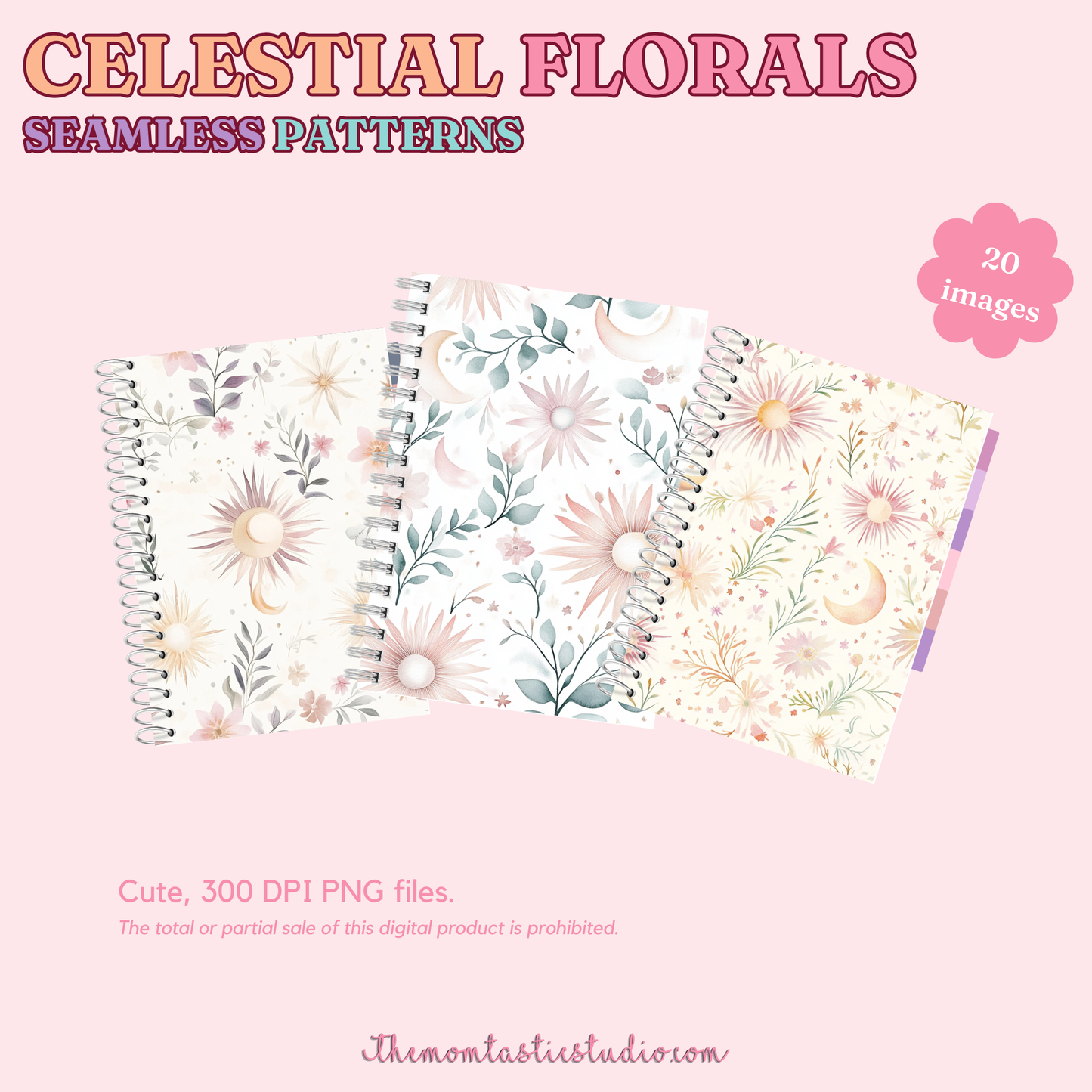 Celestial Florals Seamless Patterns for Commercial Use, Digital Paper - 300 DPI