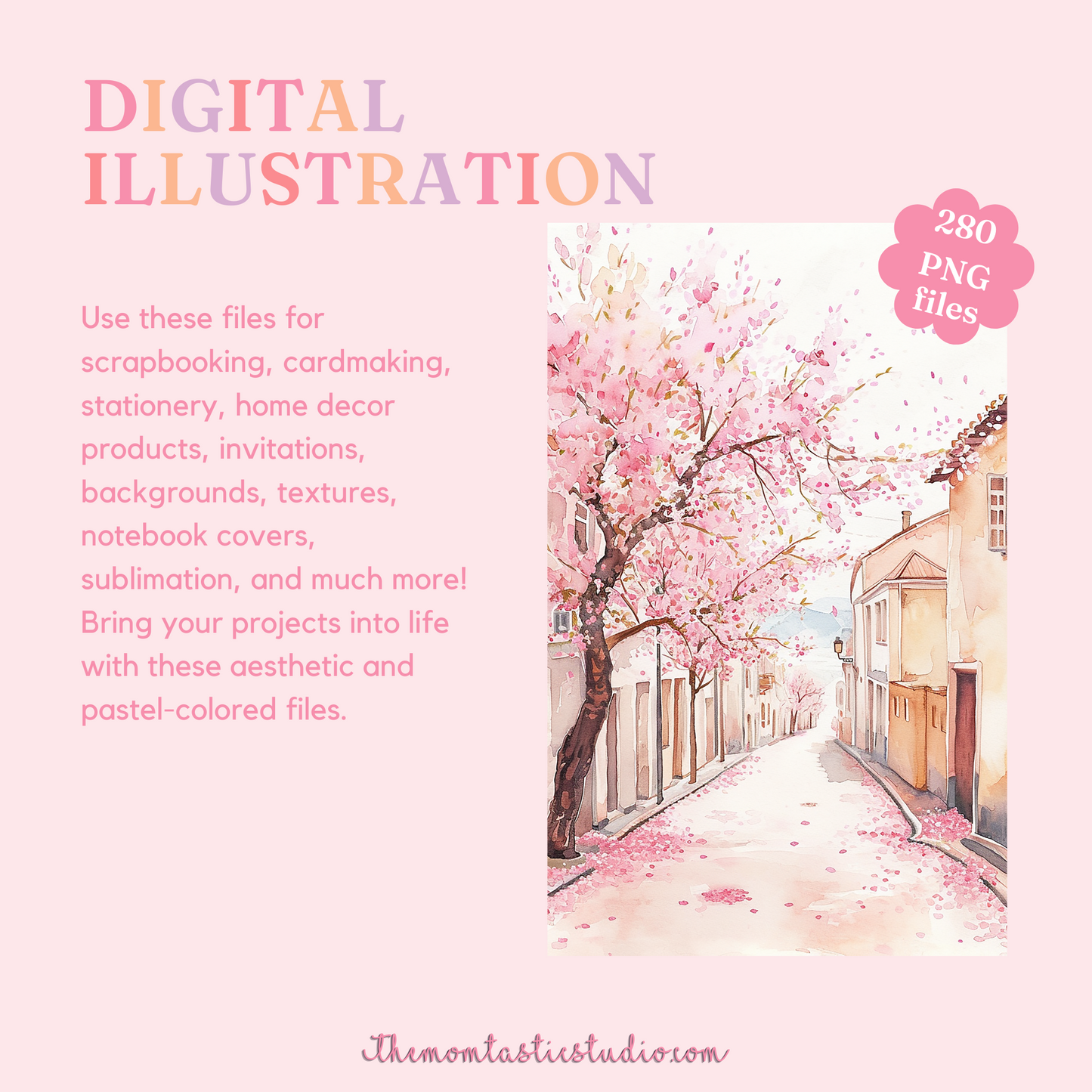 Cherry Blossoms Down the Road - Watercolor Digital Illustration 300DPI – Instant Download – Commercial Use