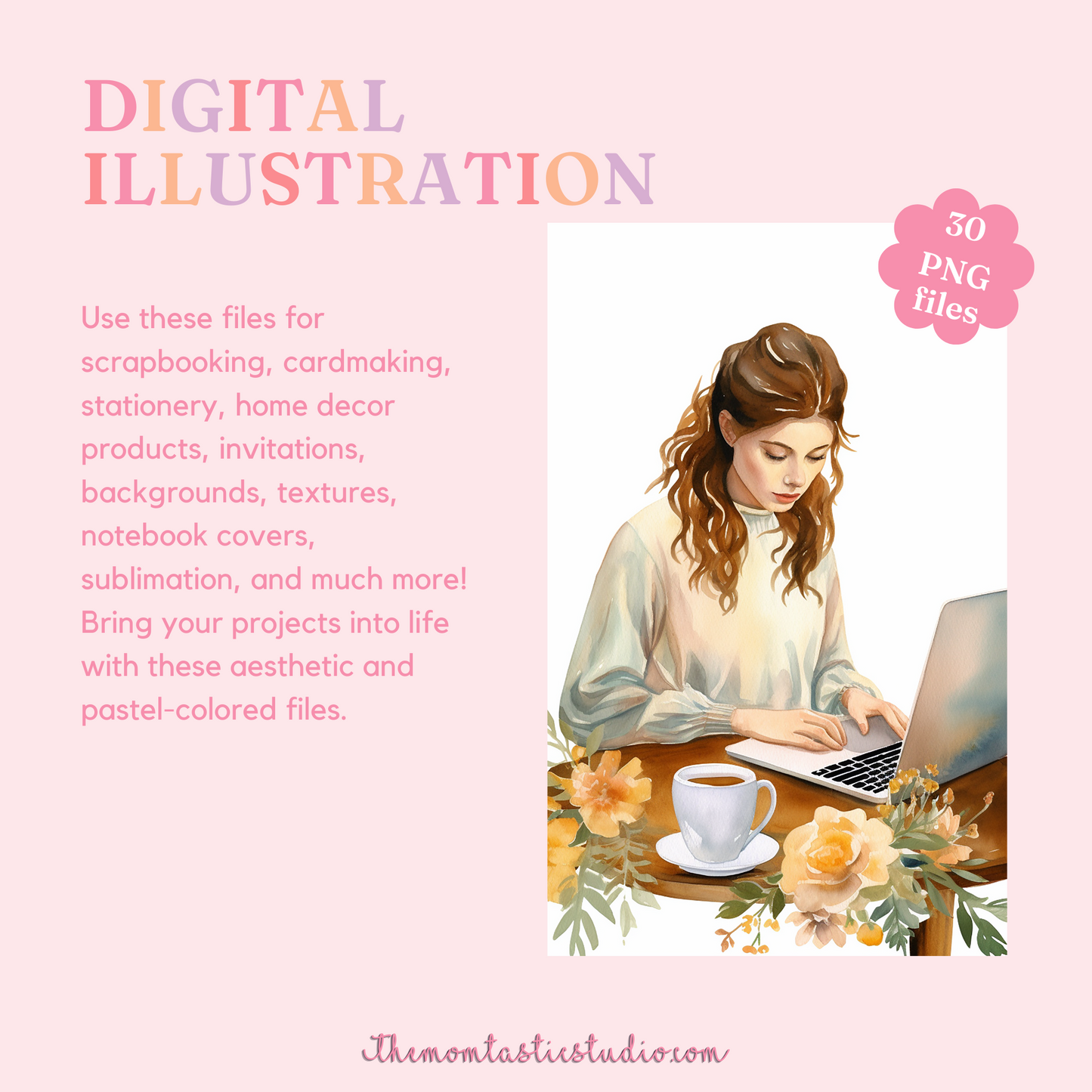 Work from Home Boho Style Digital Illustration 300DPI – Instant Download – Commercial Use