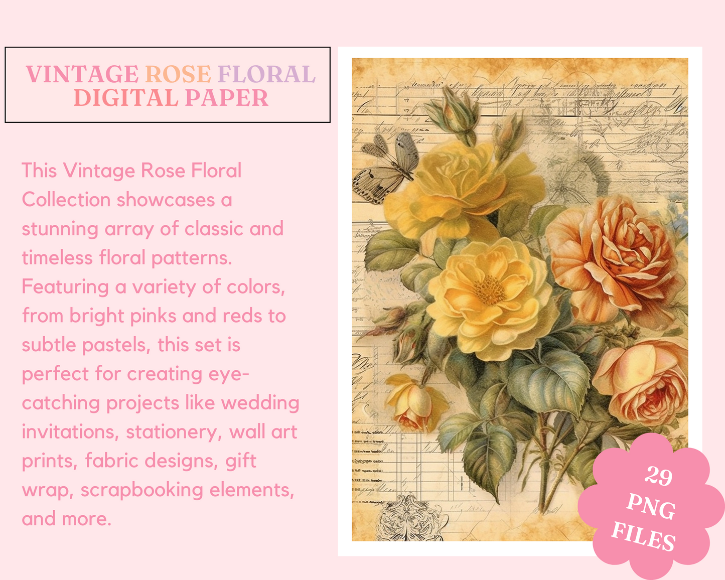 Vintage Rose Floral Digital Paper - Commercial Use (Not Seamless)