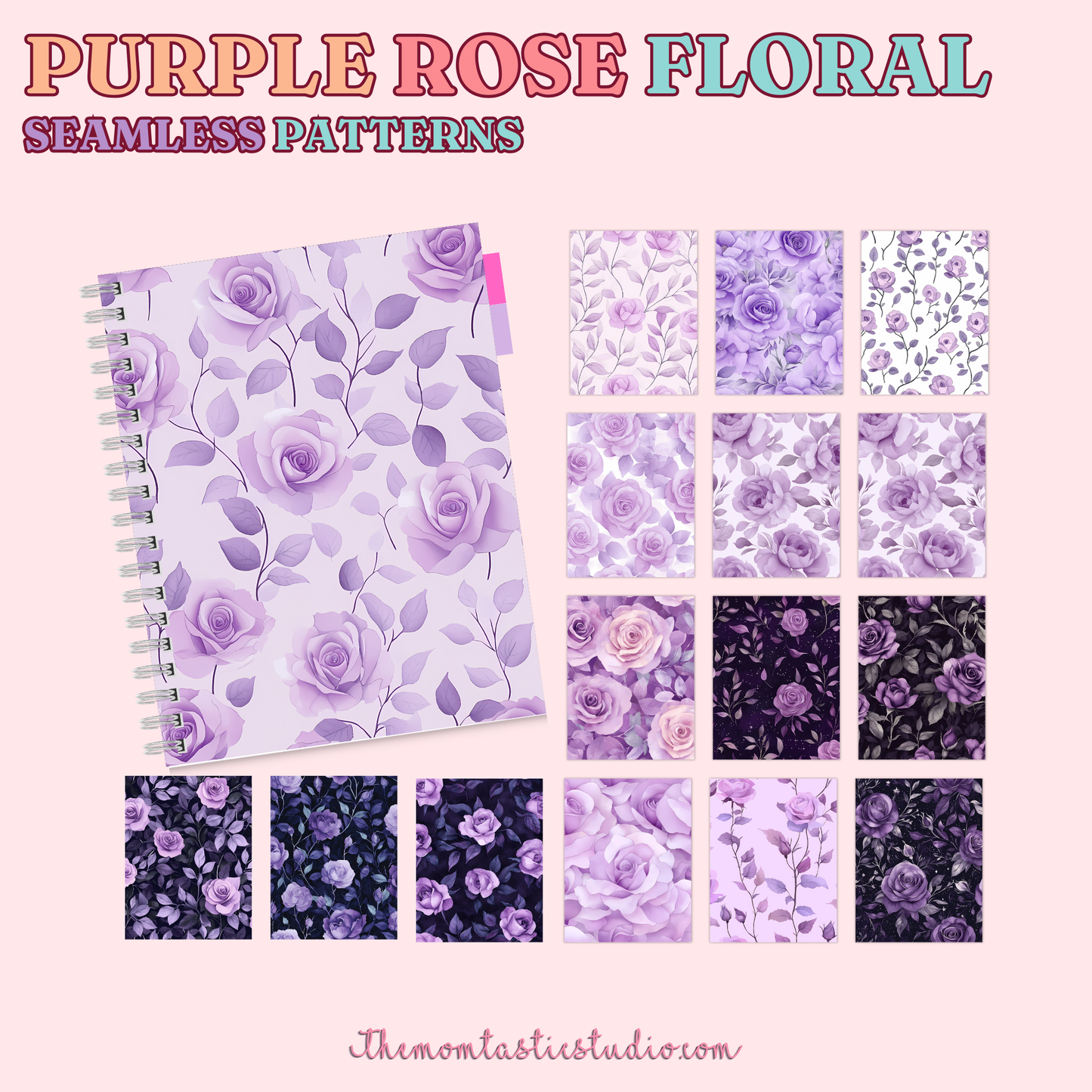 Purple Rose Floral Seamless Patterns for Commercial Use, Digital Paper - 300 DPI