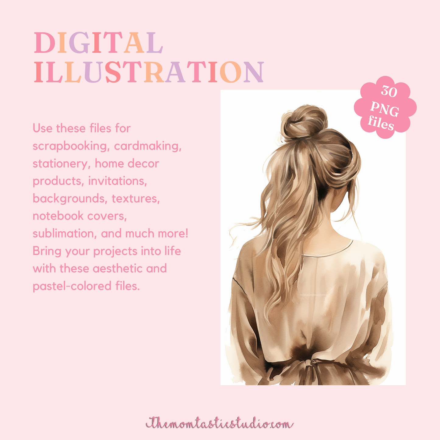 Elegant Woman Boho Style Digital Illustration 300DPI – Instant Download – Commercial Use