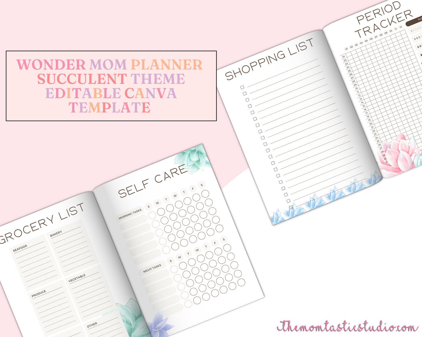 WonderMom Planner - Daily, Weekly, Monthly, Budget, Bills, Checklists, Lists, Notes, Reflections, Meal Plan, Chore Chart, Family Calendar, Shopping List Pages (Succulent Theme) - Canva Editable