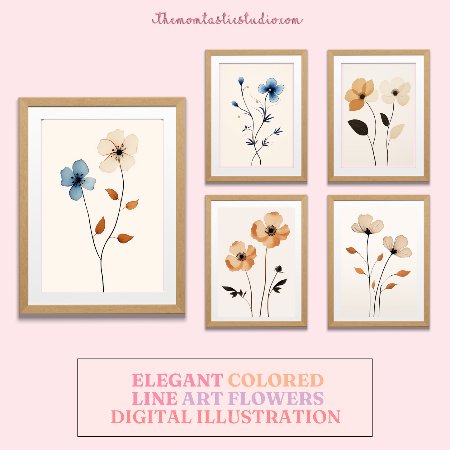 Elegant Colored Line Art Flowers Digital Illustration 300DPI – Instant Download – Commercial Use