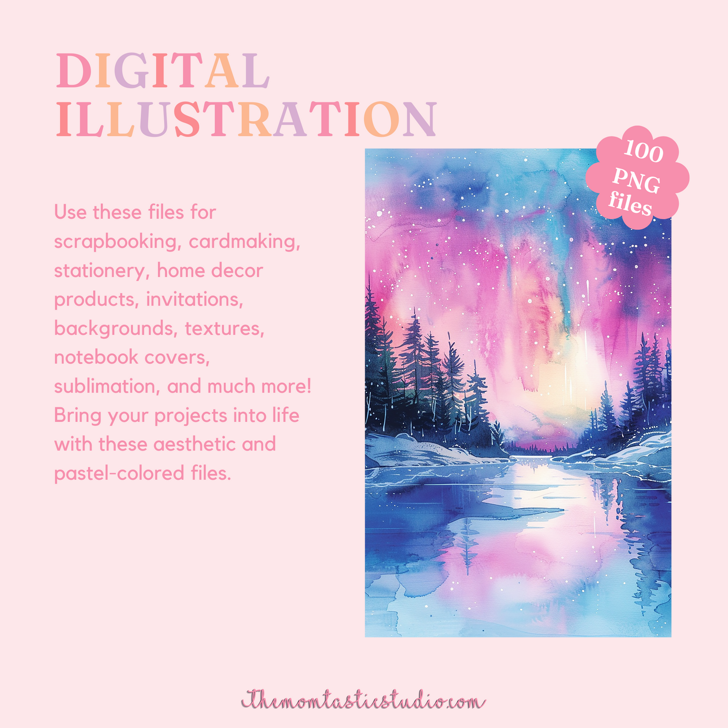 Northern Lights Scenery Watercolor Pastel Digital Illustration 300DPI – Instant Download – Commercial Use