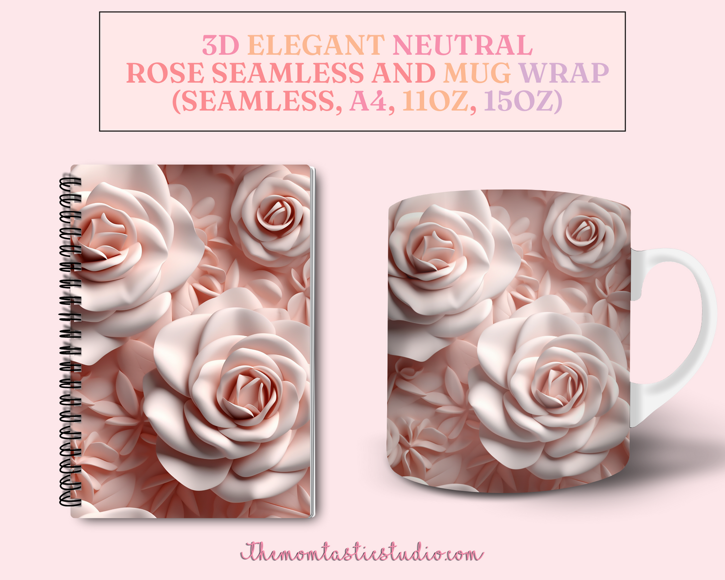 3D Elegant Neutral Rose Floral (Seamless, A4, and Mug Wrap Format) - Commercial Use, Floral Mug