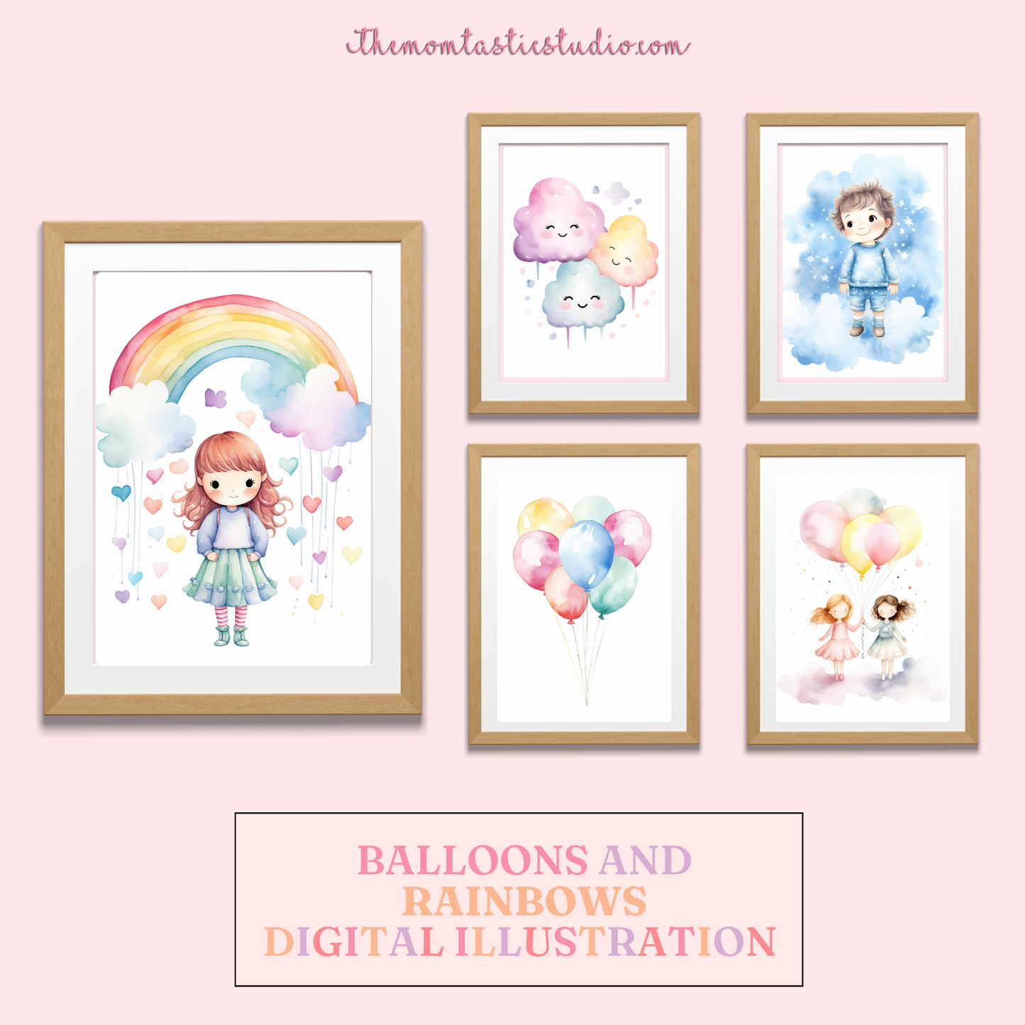 Balloons and Rainbows Watercolor Digital Illustration – Instant Download – High-Quality - 300 DPI - Commercial Use