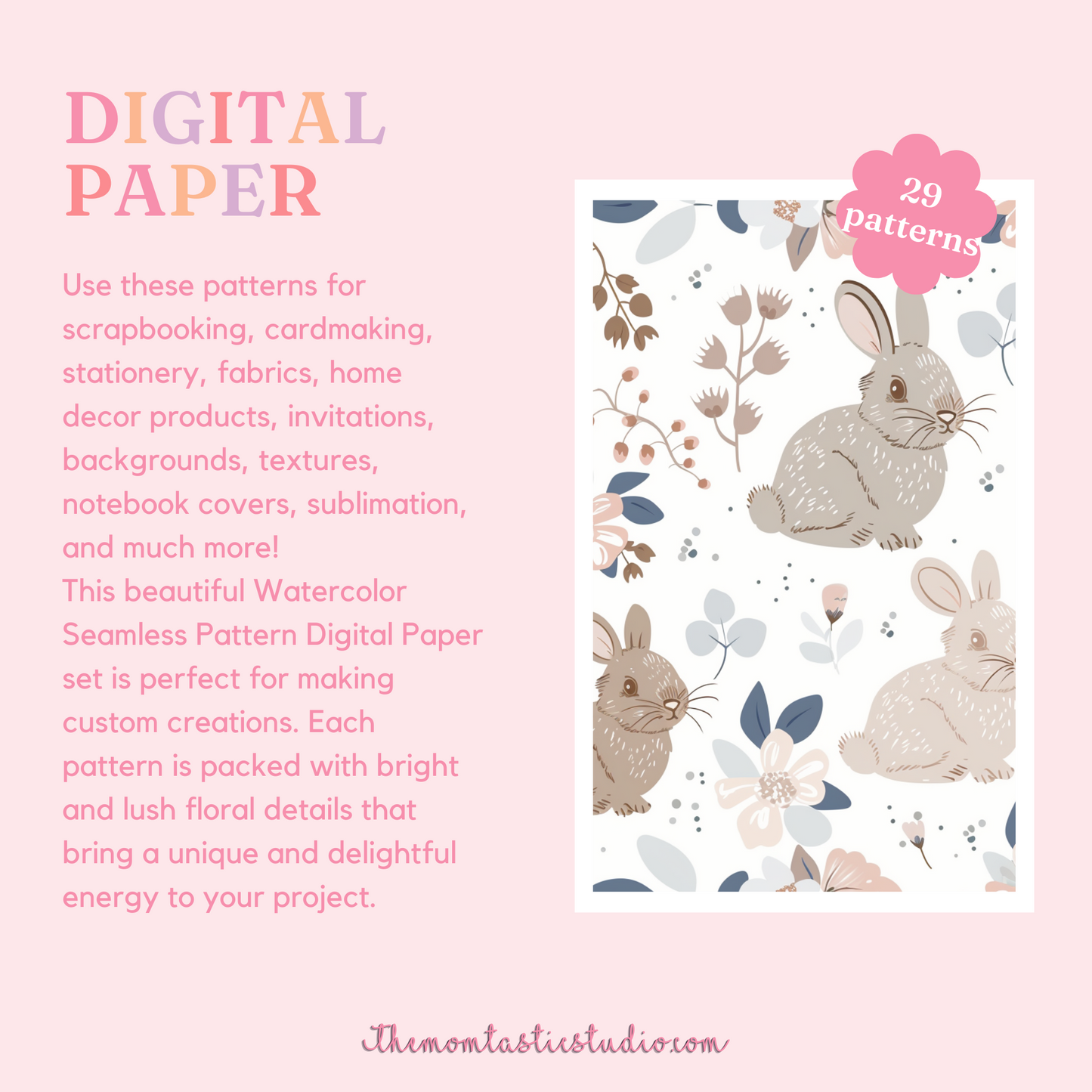 Bunnies Watercolor Seamless Pattern | Cardstocks | Gift Wrappers | Digital Paper | Commercial Use