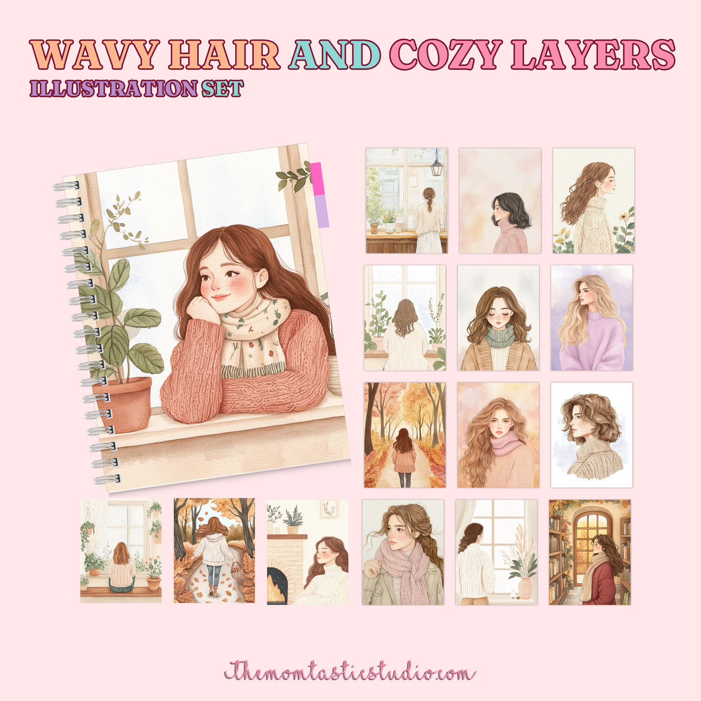 Wavy Hair and Cozy Layers Illustration Set - 300 DPI – Instant Download – Commercial Use