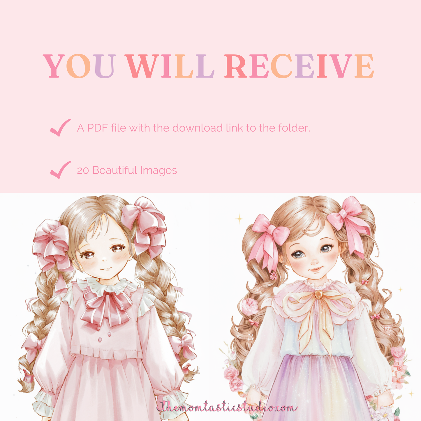 Girl with Pink Bows Illustration - 300 DPI – Instant Download – Commercial Use