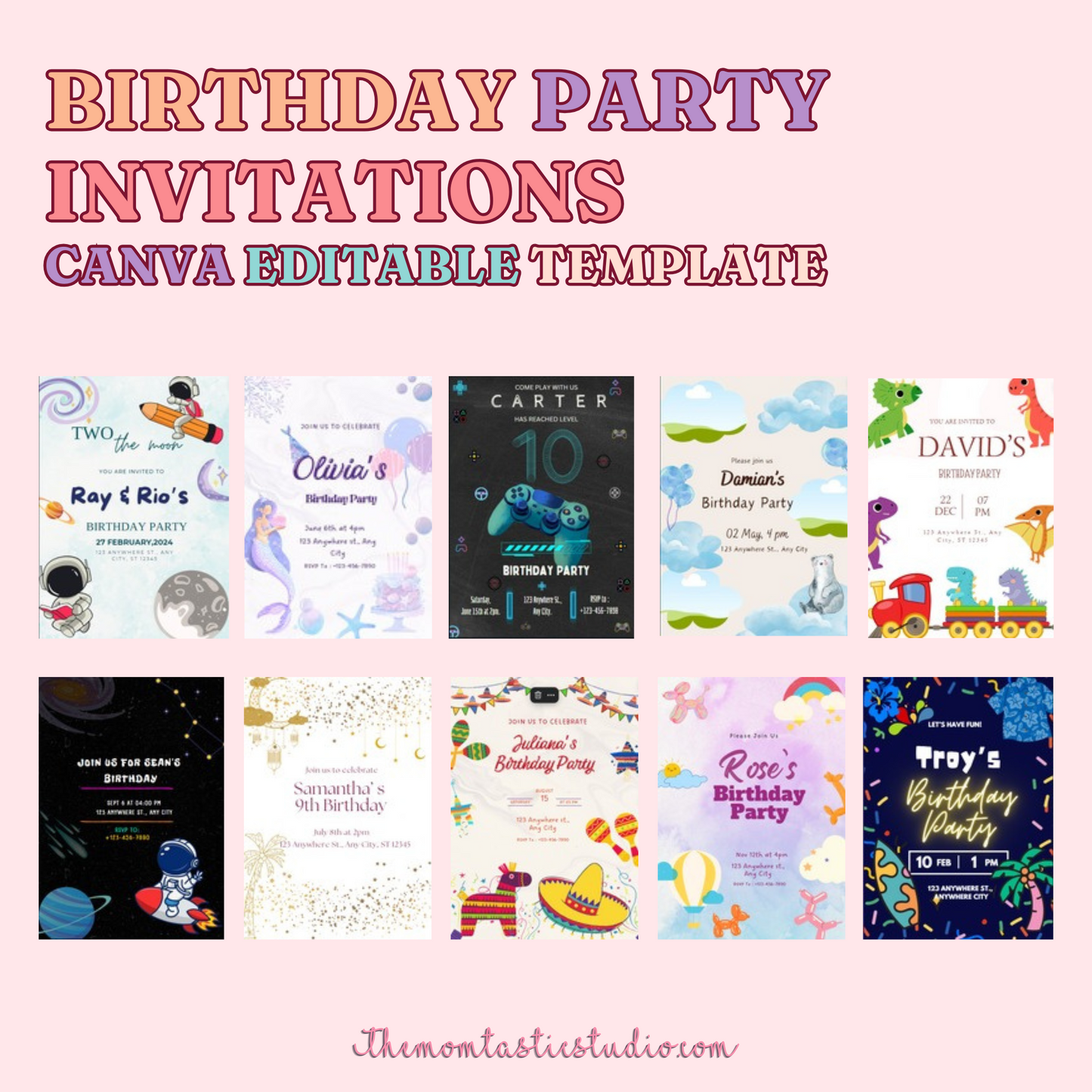 (50) Birthday Invitations Editable Canva Template – Instant Download