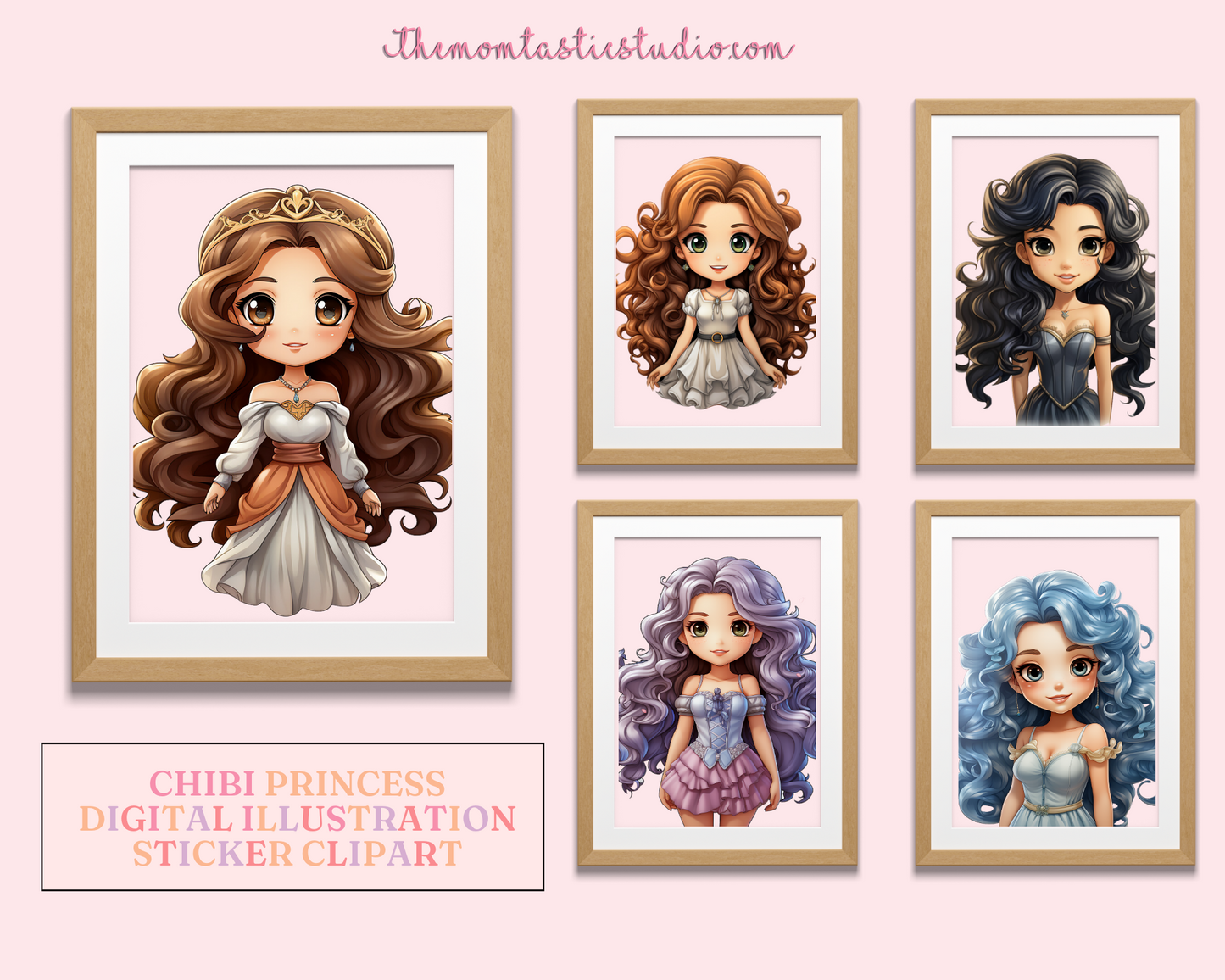 Chibi Princesses Sticker Clipart – Instant Download – High-Quality PNG - Transparent Background - Commercial Use