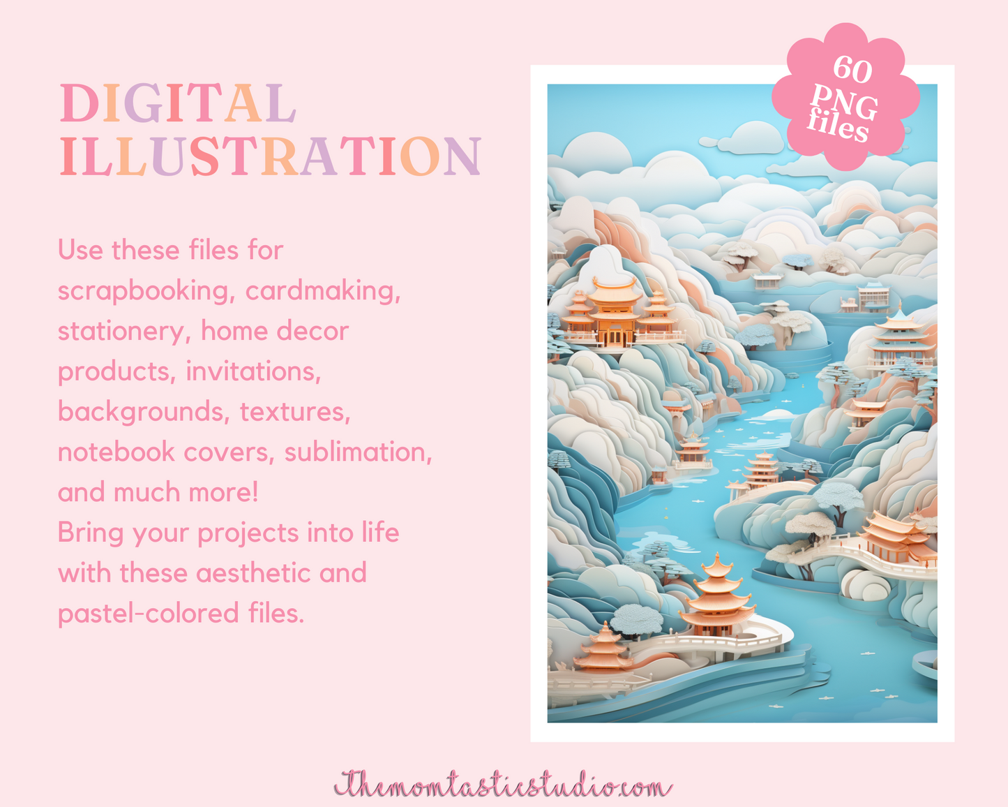 Auspicious Ancient Scenery Digital Illustration – Instant Download – Commercial Use